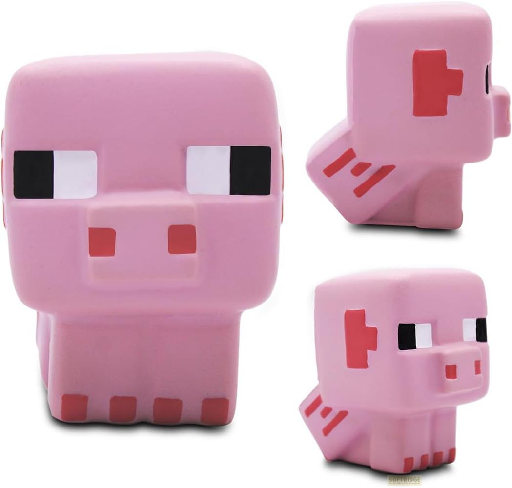 Drei rosa Minecraft-Schweinefiguren aus Schaumstoff auf weißem Hintergrund.