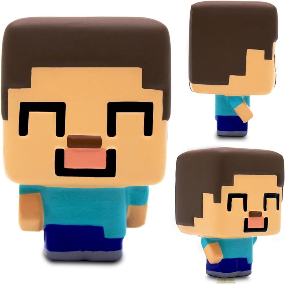 Minecraft Steve Figur mit braunem Haar, blauem Hemd und blauer Hose.