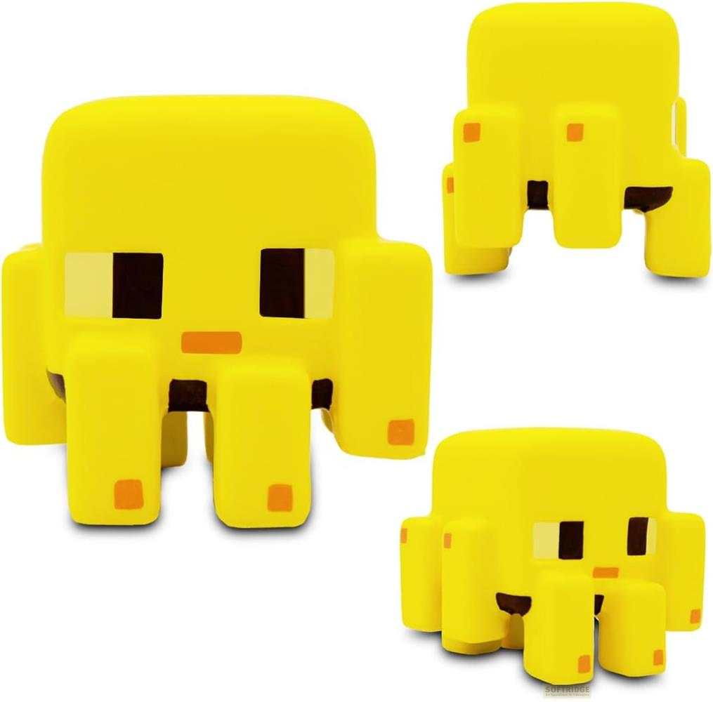 Gelbe Minecraft-Figur mit schwarzen Augen und orangen Akzenten.