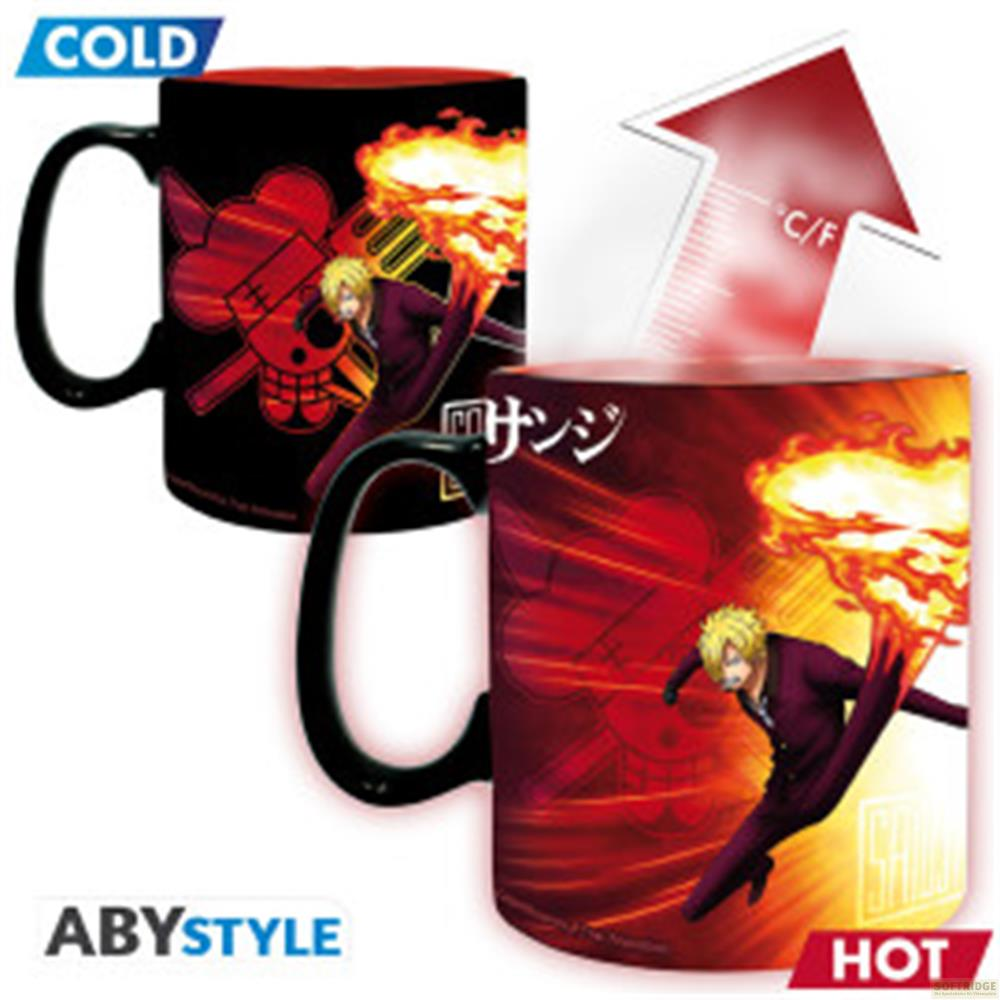 Eine Tasse mit Anime-Charakter Sanji, die Feuer speit. Kalt/Heiß-Anzeige.