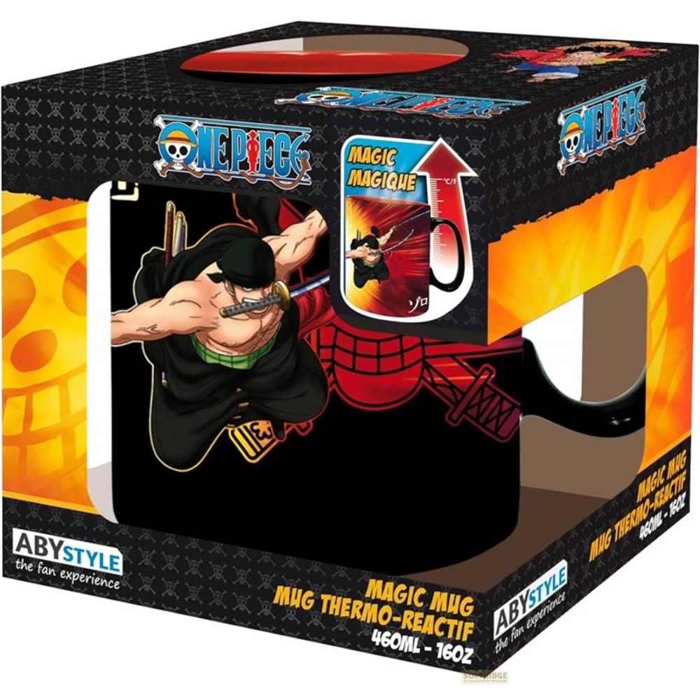Verpackung einer One Piece Zaubertasse mit Zoro im Anime-Stil und Produktinformationen.