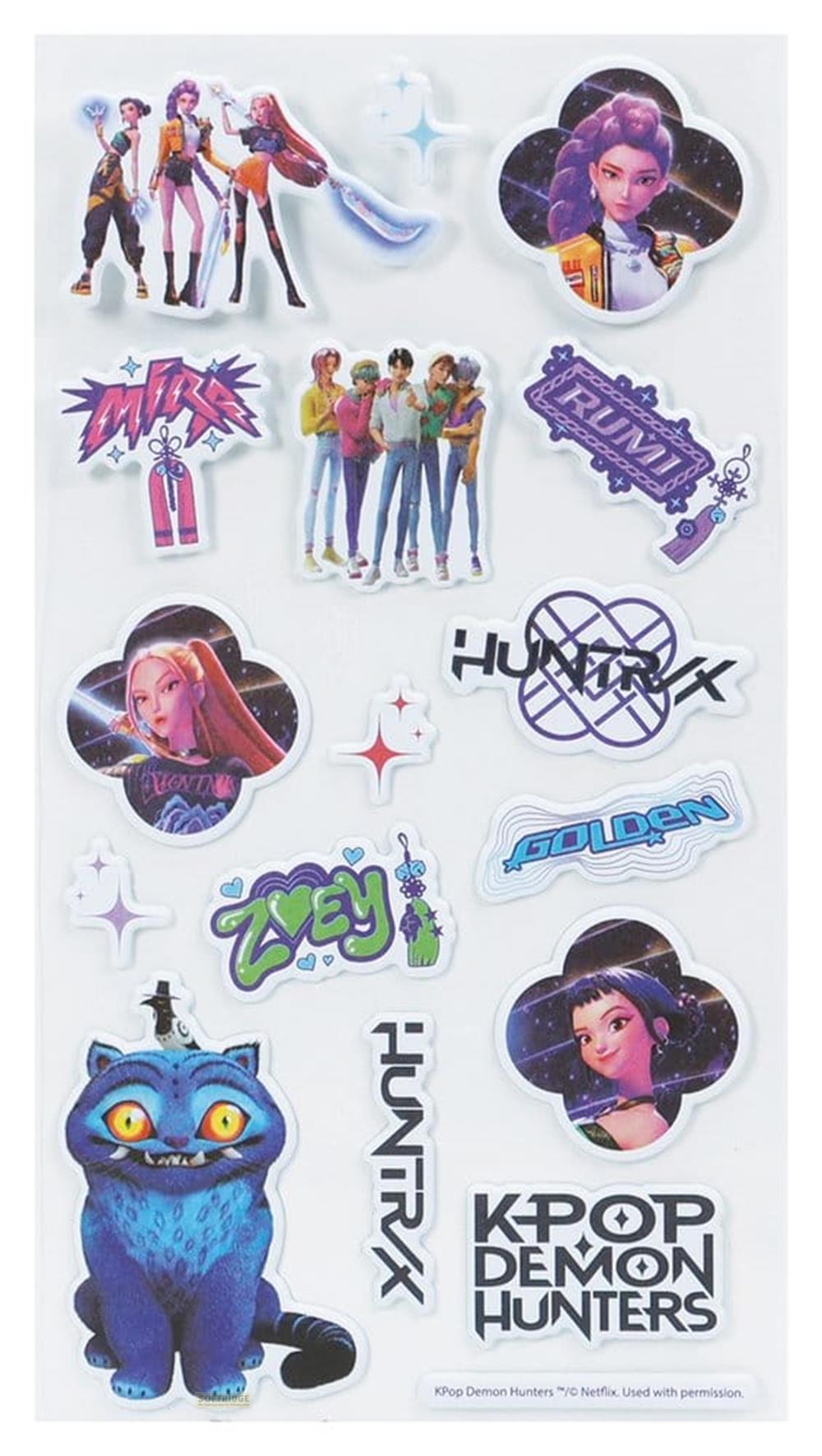 Stickerbogen mit animierten K-Pop-Charakteren, einem blauen Kater und Text.