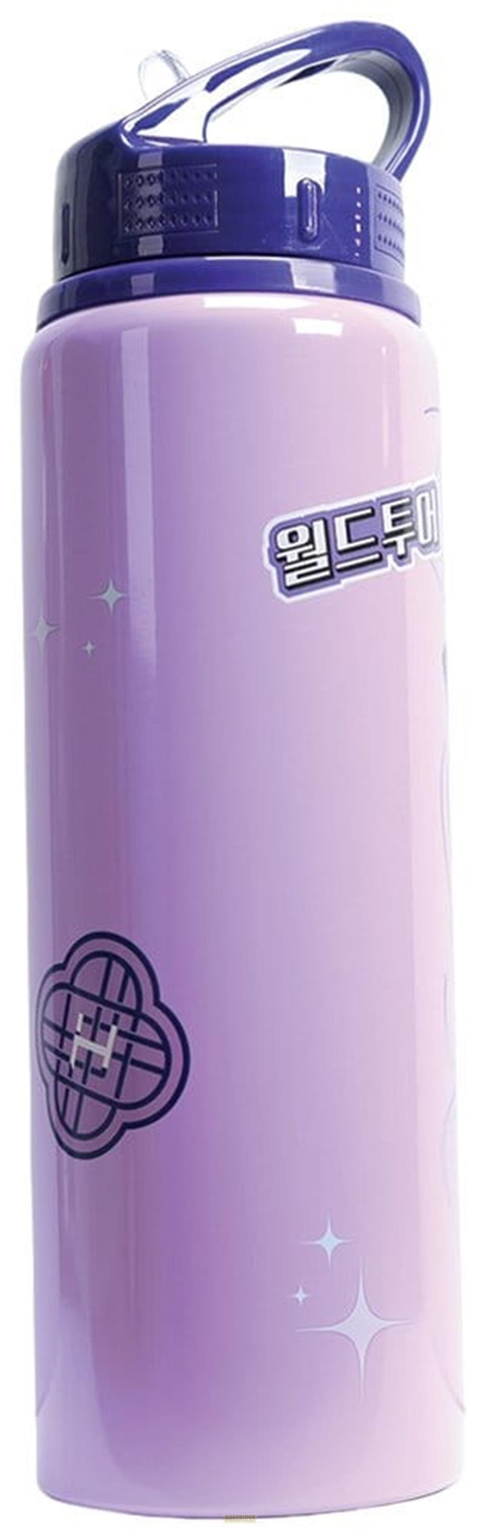 Eine lavendelfarbene Wasserflasche mit lila Deckel und Henkel.