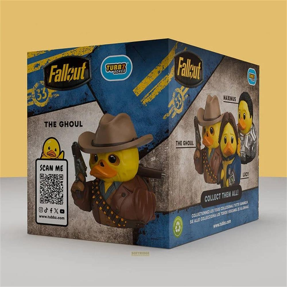 Fallout Tubbz Box mit Ghoul und anderen Figuren. Gelber Hintergrund.