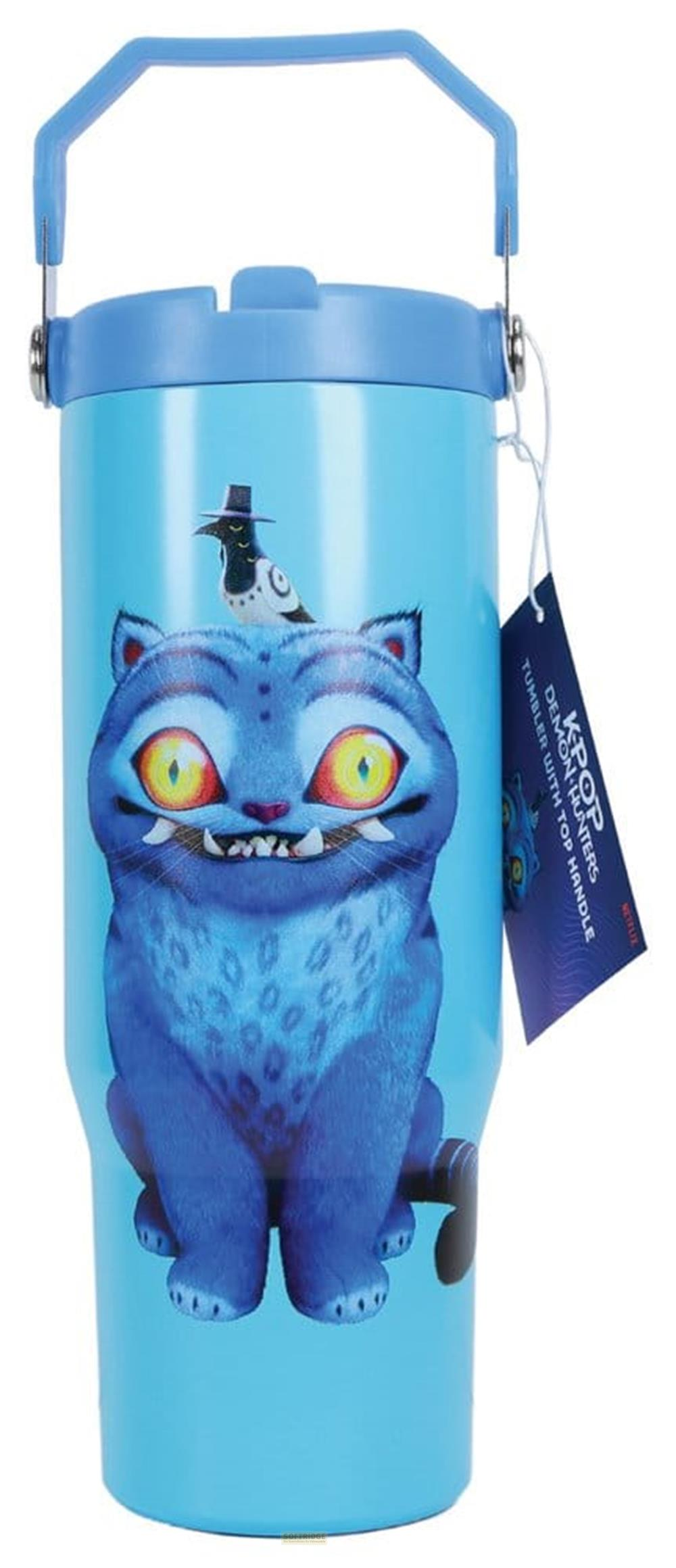 Blaue Trinkflasche mit einem blauen Kätzchen-Charakter und einem Vogel-Hut.