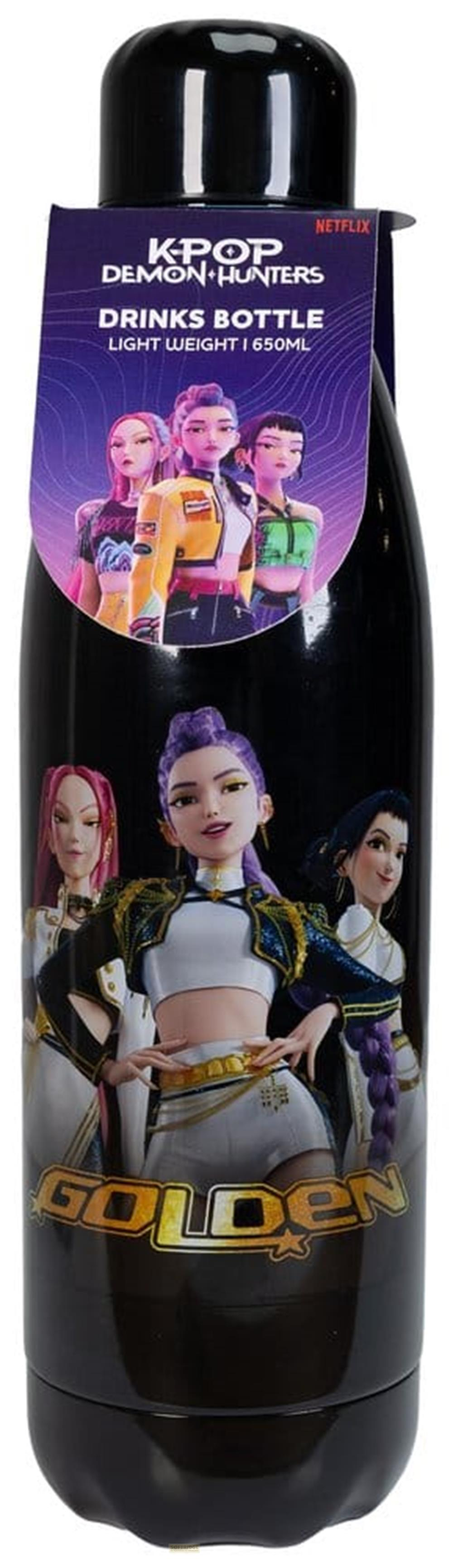 Schwarze Flasche mit Anime-Figuren und "KPOP DEMON+HUNTERS"-Logo.