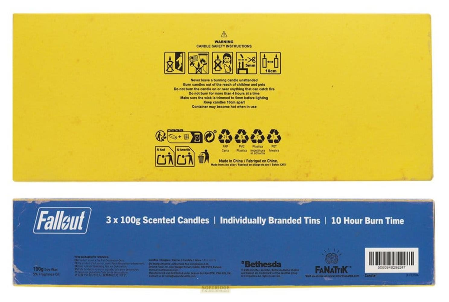 Gelber Karton mit Warnhinweisen für Kerzen und Recycling-Symbolen. Unten blaue Verpackung.