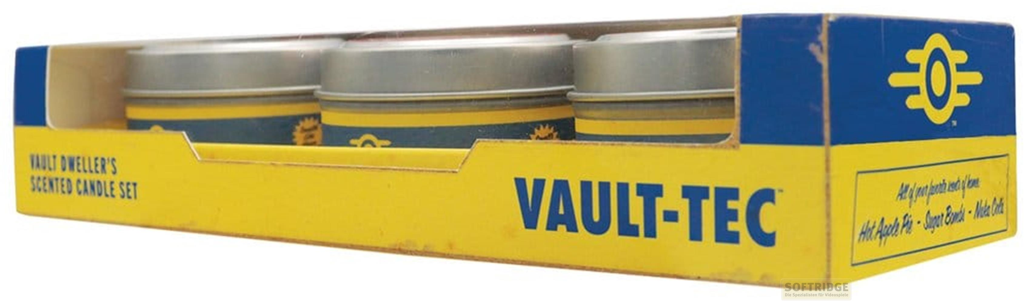 Ein Set aus drei duftenden Kerzen in Dosen mit dem Vault-Tec-Logo.