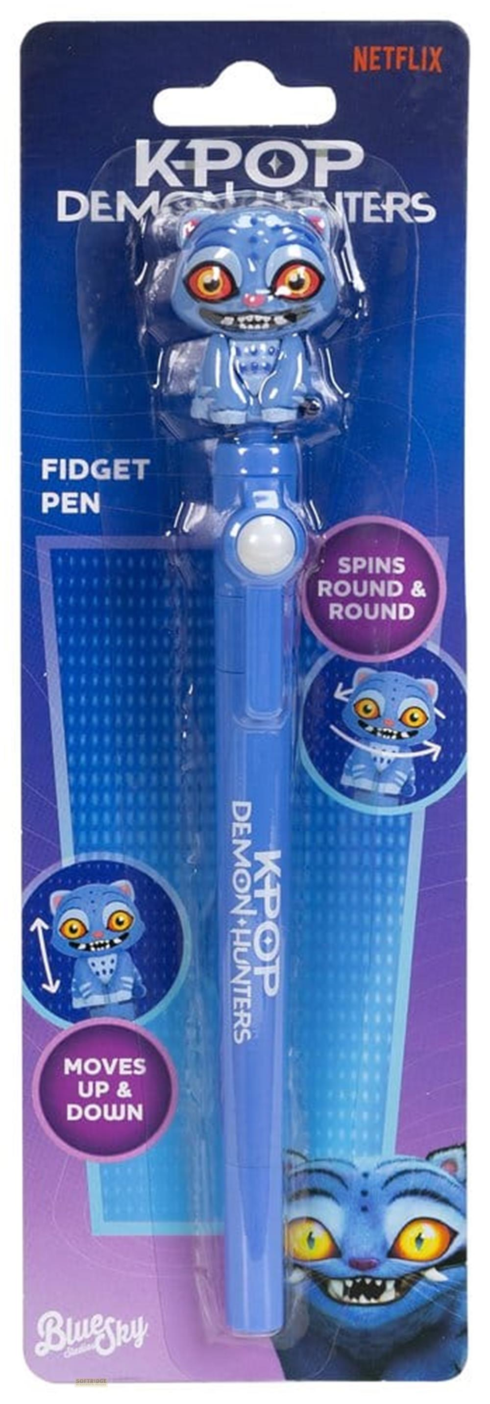 Ein blauer KPOP Demon Hunters Fidget Pen mit beweglichen Teilen und Netflix-Logo.