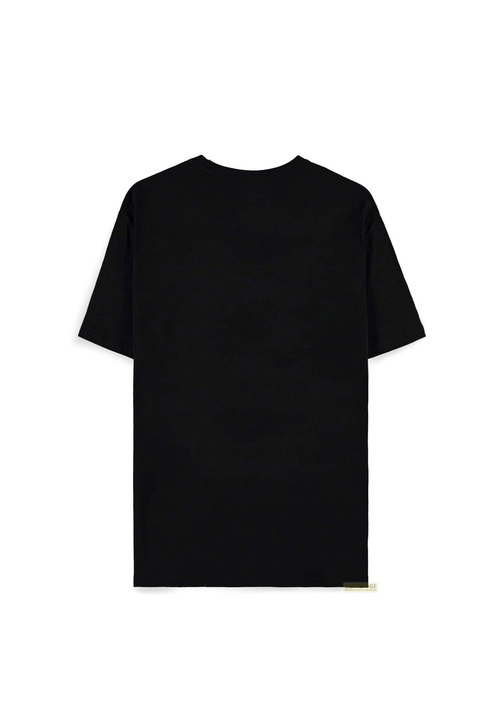 Vista trasera de una camiseta negra de manga corta sobre fondo blanco.