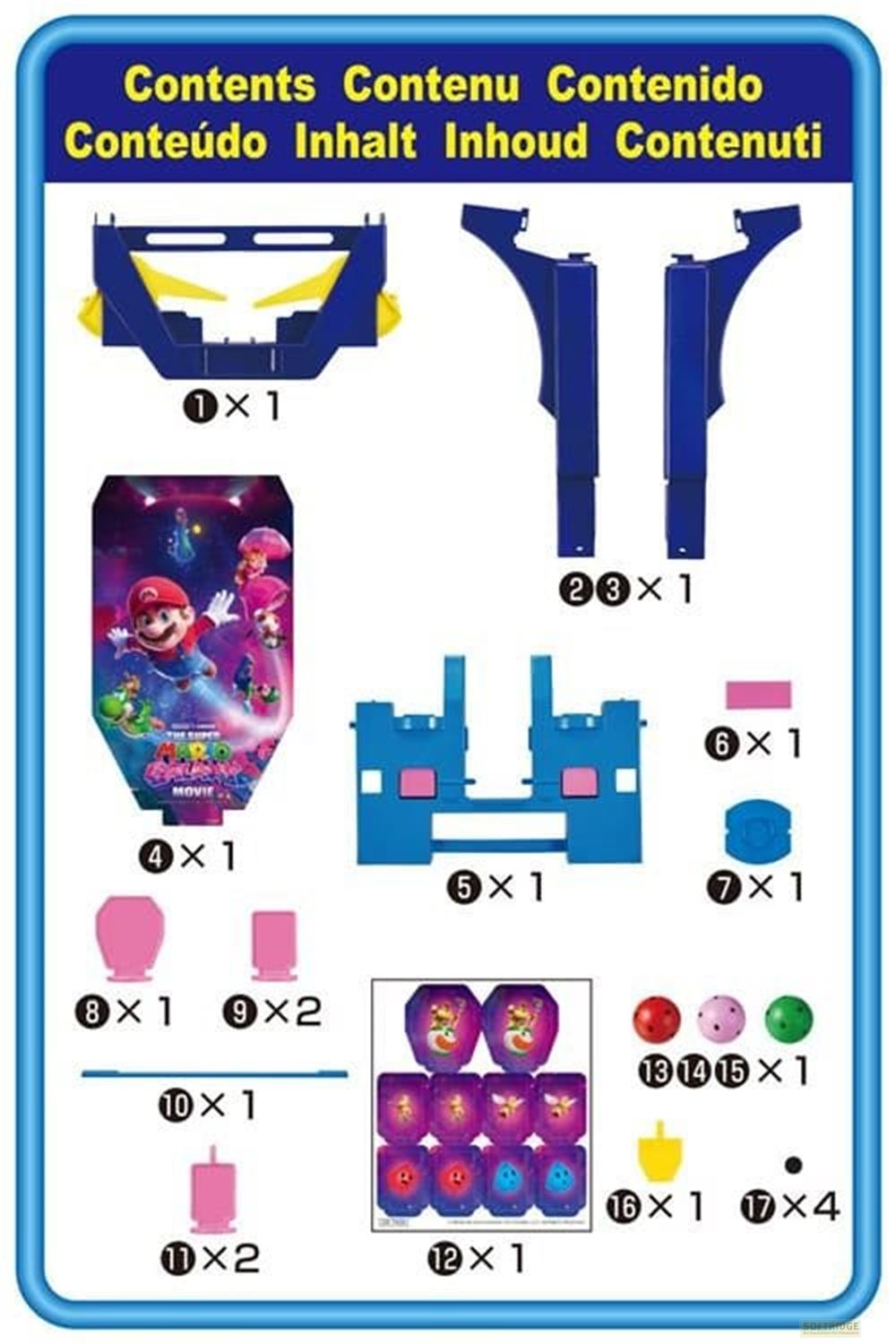 Mario Movie Spielzeugteile in Blau, Gelb und Pink mit nummerierten Etiketten und Mengen.