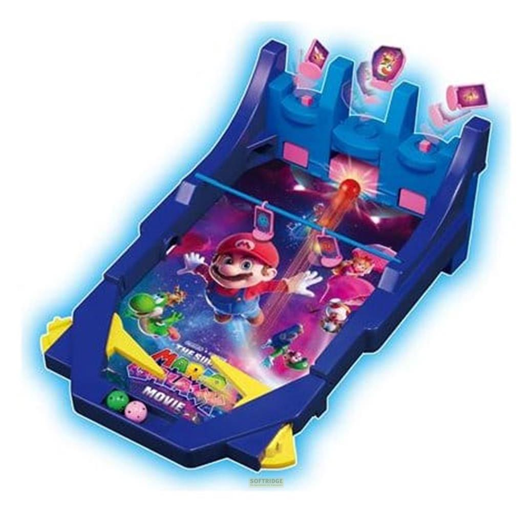 Ein blaues Mario-Pinballspiel mit Mario, Yoshi und Prinzessin Peach.