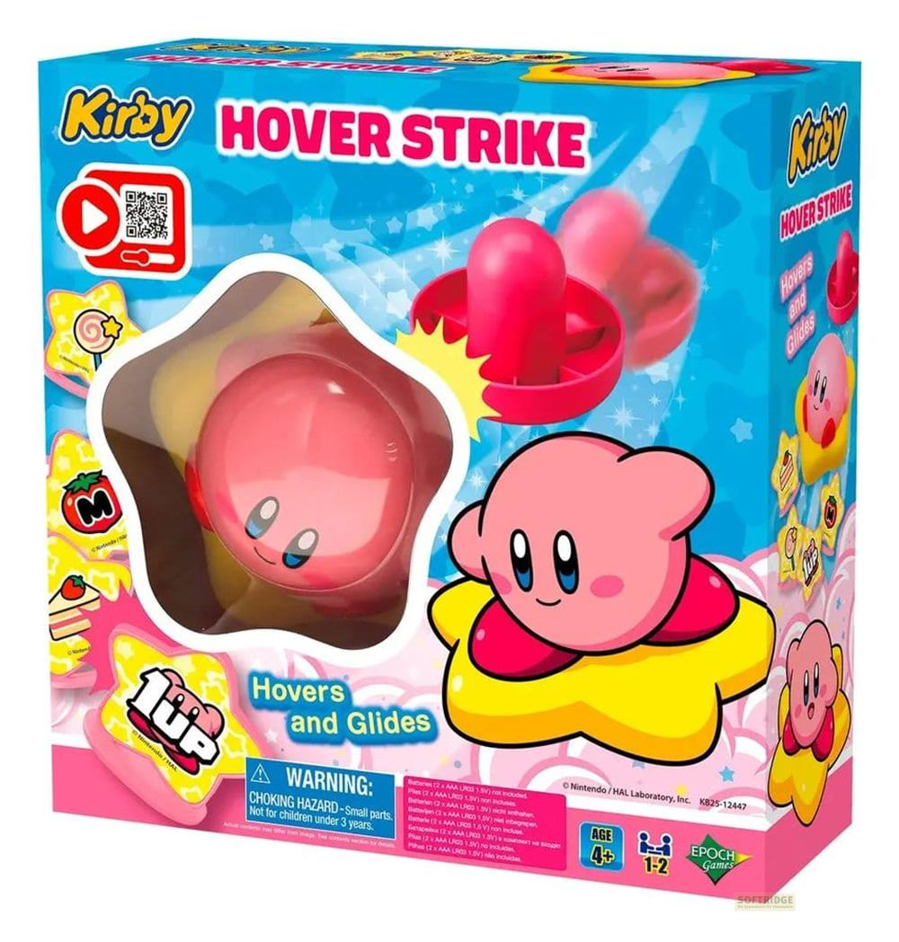 Kirby Hover Strike Spielverpackung mit Kirby-Figur, Spielzeug und Warnhinweisen.