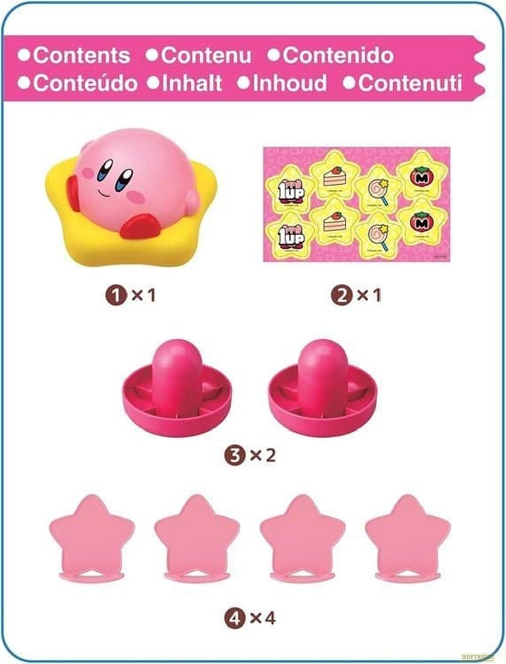 Eine rosa Kirby-Figur sitzt auf einem gelben Podest. Daneben sind Aufkleber und Spielzubehör.