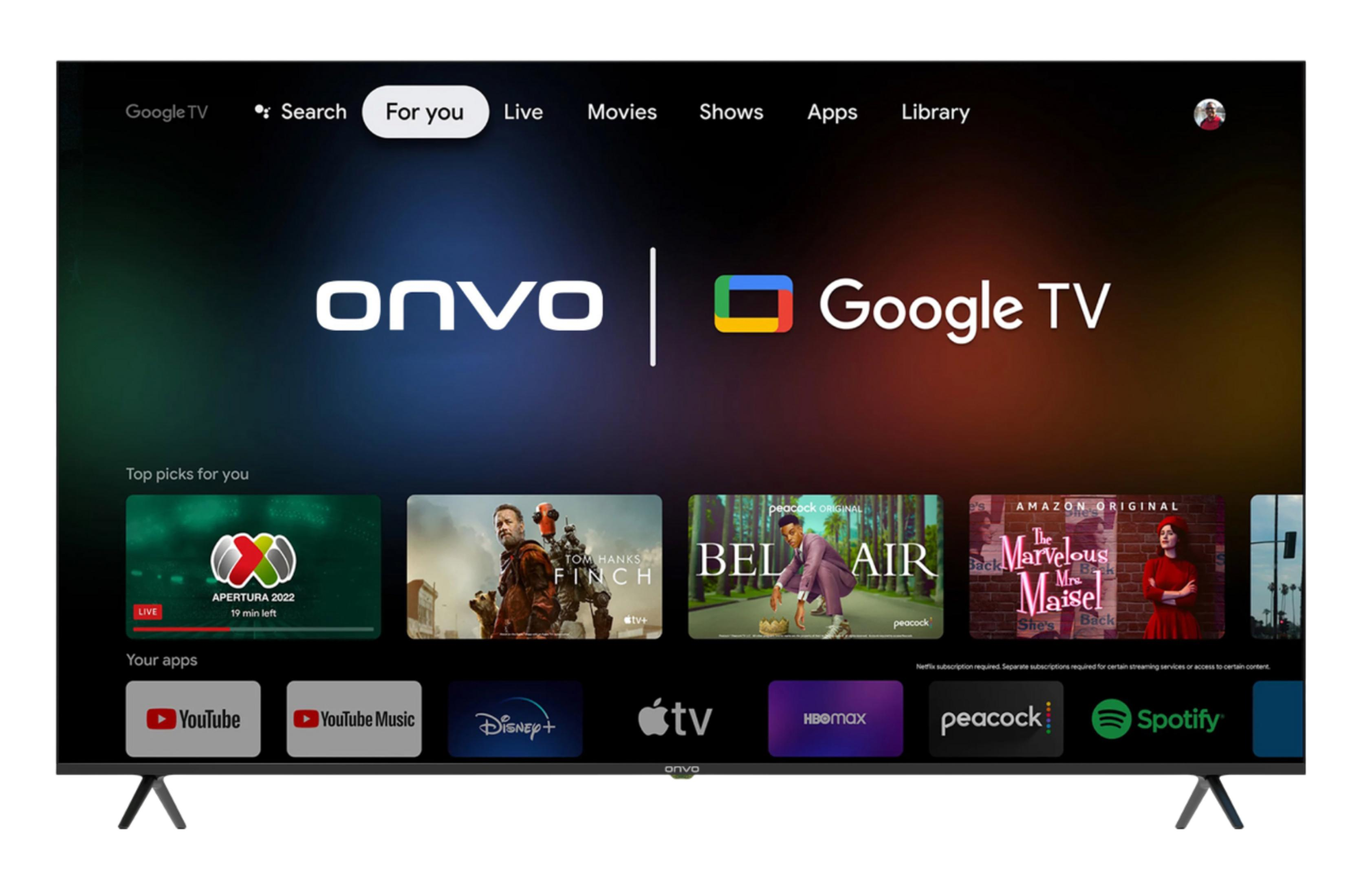 Finch ve Bel Air gibi film seçkileri ve uygulamalar gösteren bir Onvo Google TV.