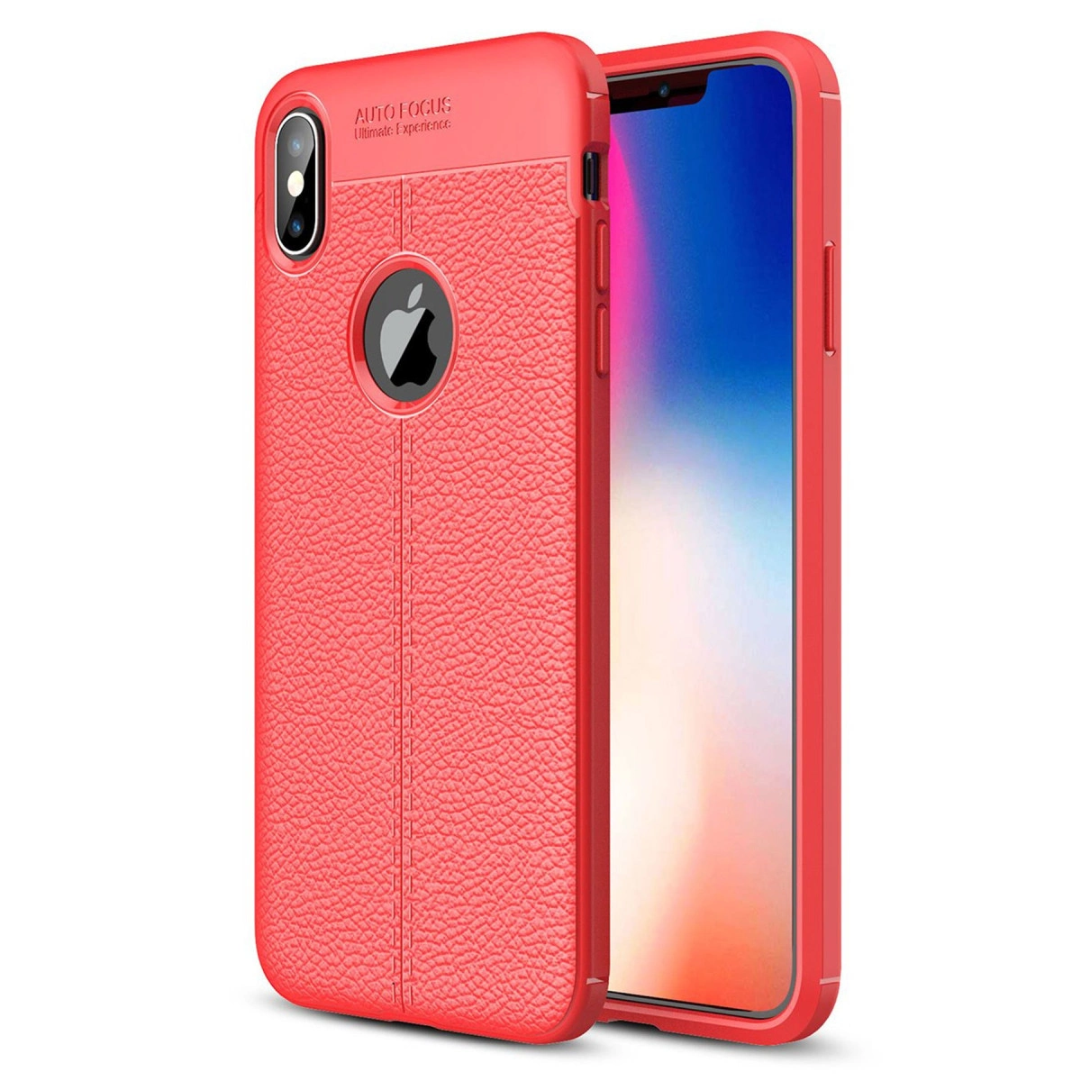 Apple logolu, dokulu deri görünümlü kırmızı telefon kılıfı.
