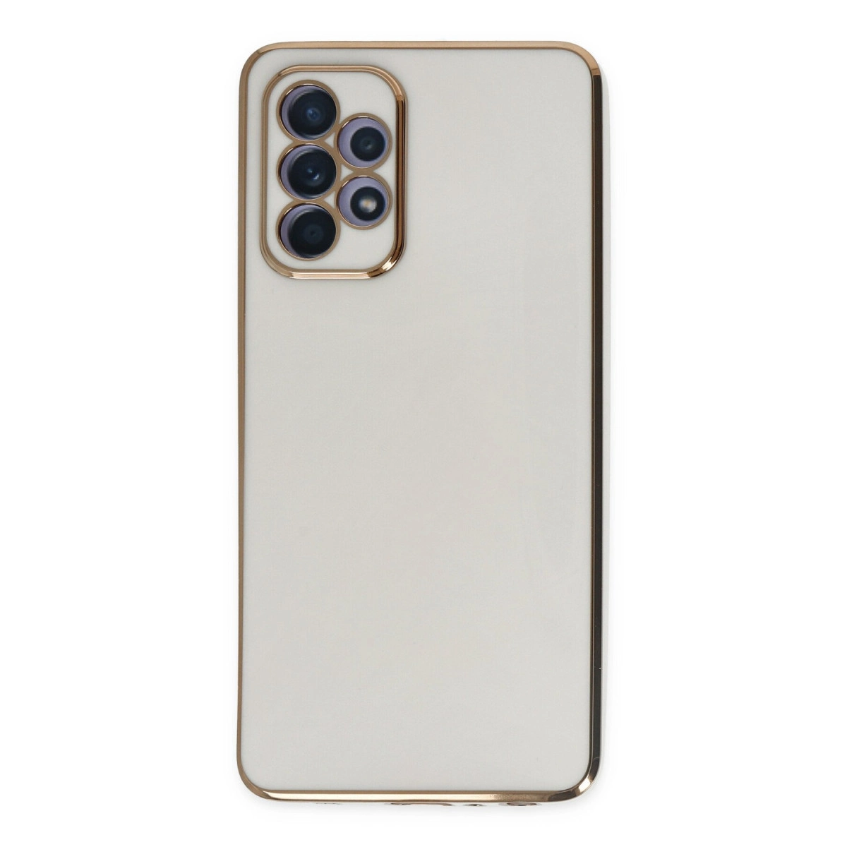 Altı kameralı, altın çerçeveli beyaz telefon kılıfı.