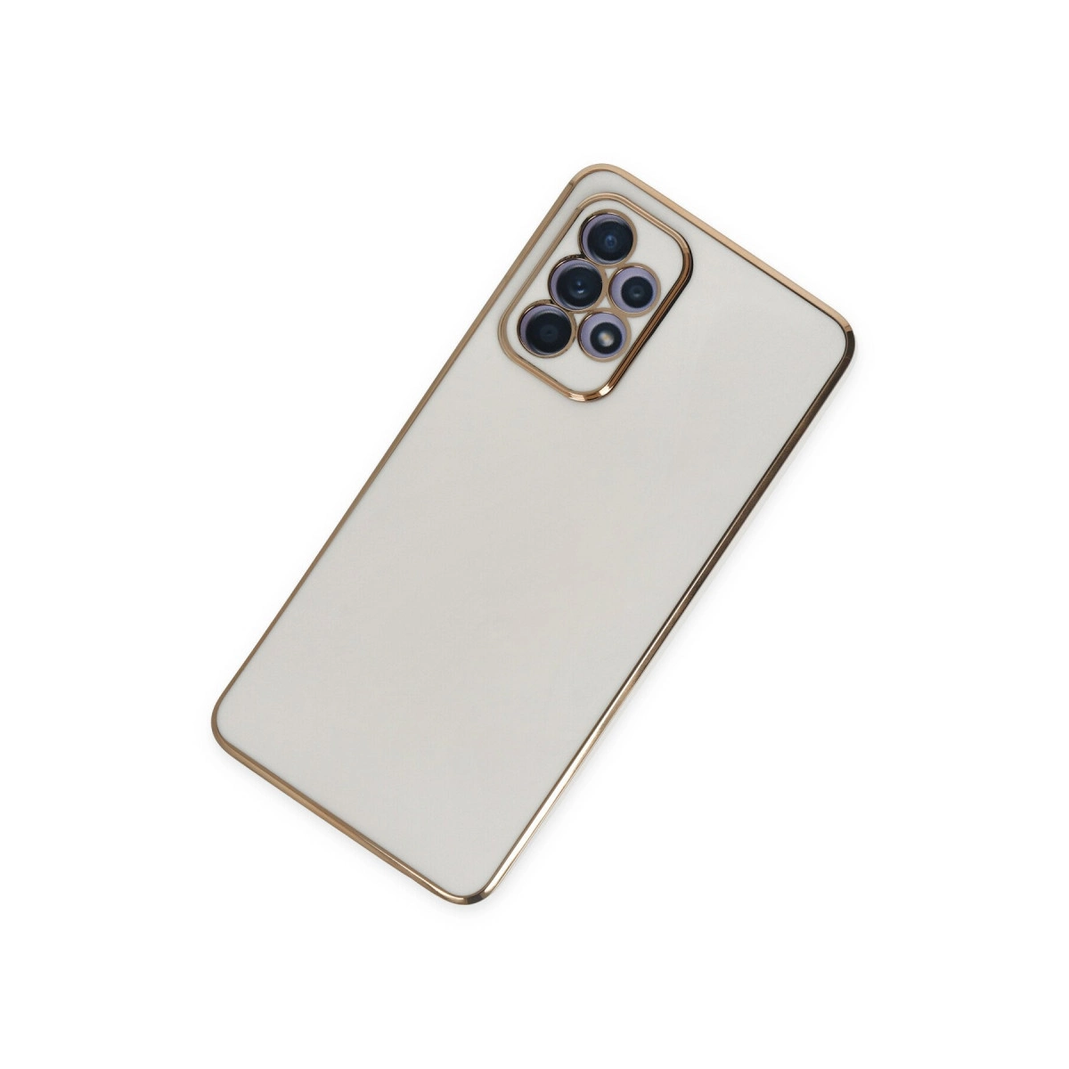Altın çerçeveli ve çok lensli kamera modülüne sahip beyaz akıllı telefon.