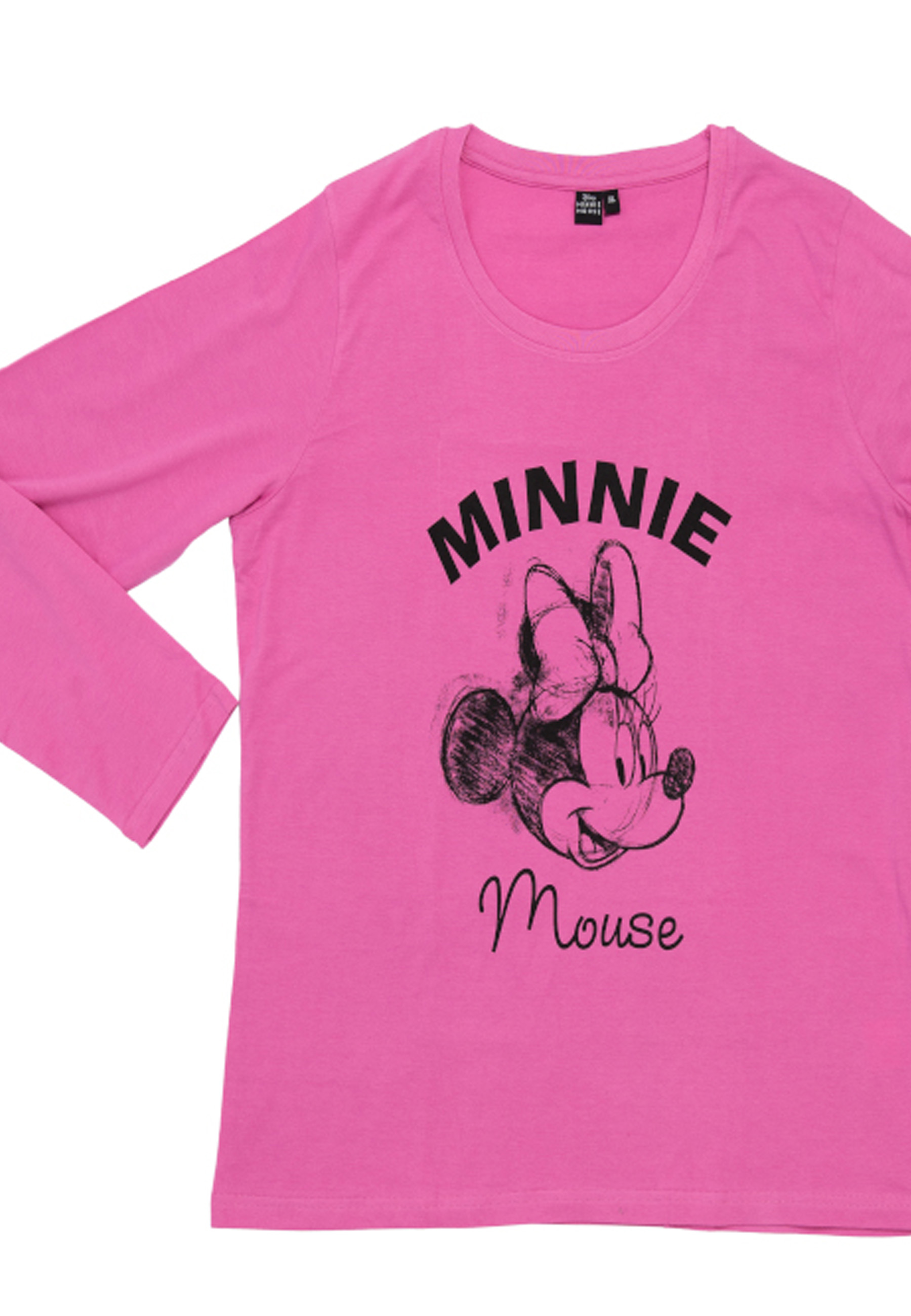 Ein pinkes Langarmshirt mit einem Skizzenbild von Minnie Maus und dem Schriftzug "Minnie Mouse".
