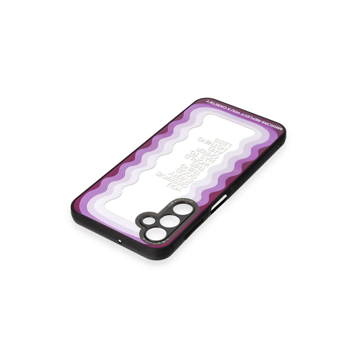 Dalgalı desenli ve arkasında yazı bulunan telefon kılıfı.