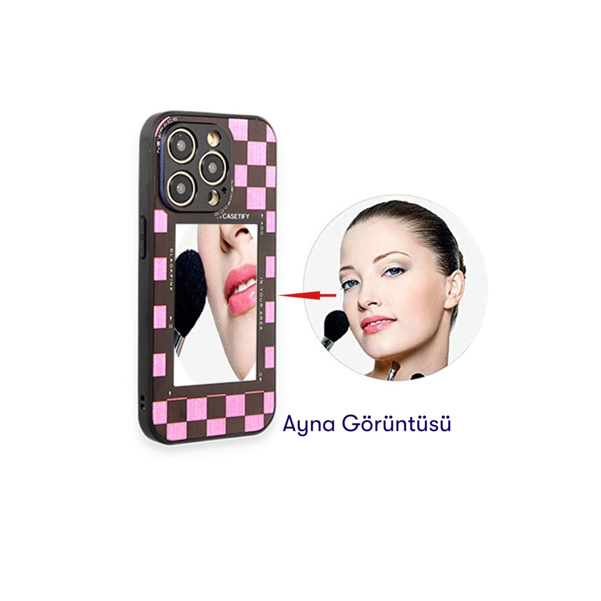 Pembe kareli aynalı telefon kılıfı, makyaj fırçalı bir kadını gösteriyor.