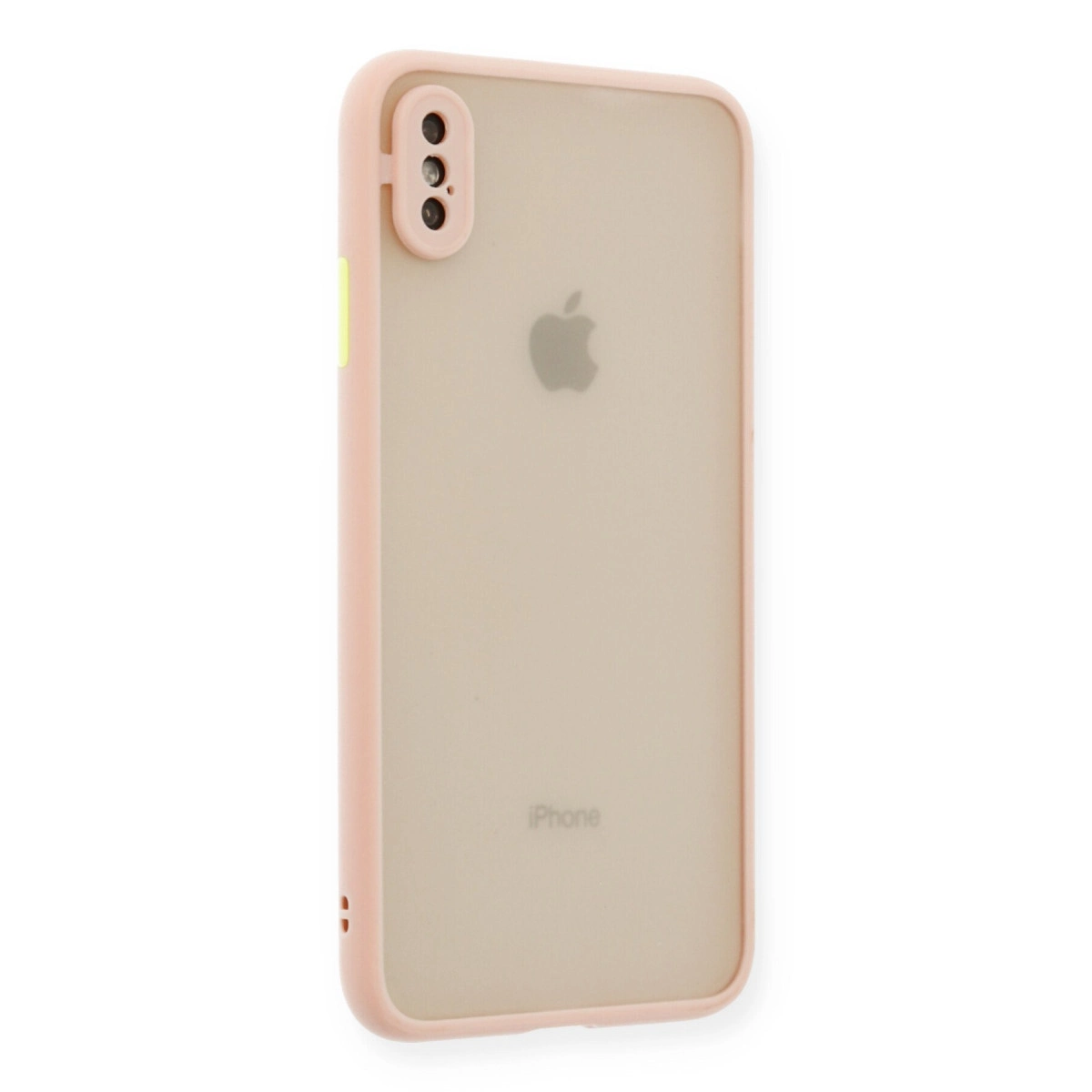 Apple logosu ve kamera açıklığı olan pembe telefon kılıfı.