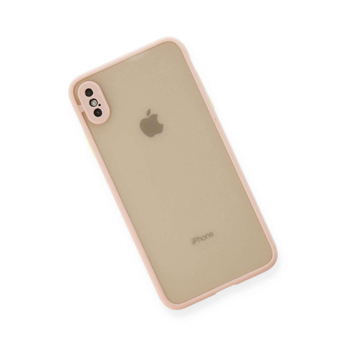 Şeffaf kasalı ve pembe kenarlı iPhone, beyaz zeminde.