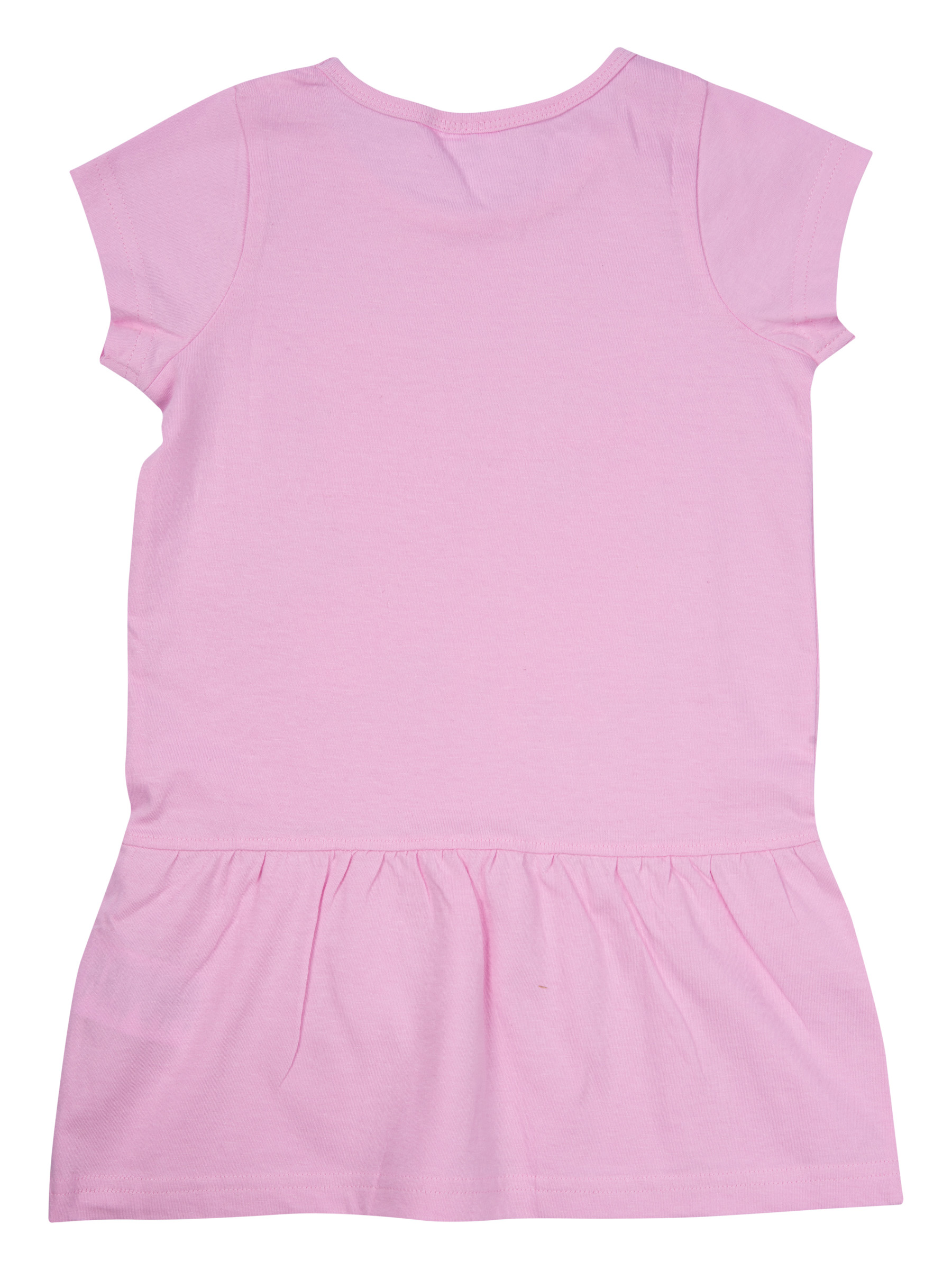 Ein rosa Kleid mit kurzen Ärmeln und einem Rüschenrock.