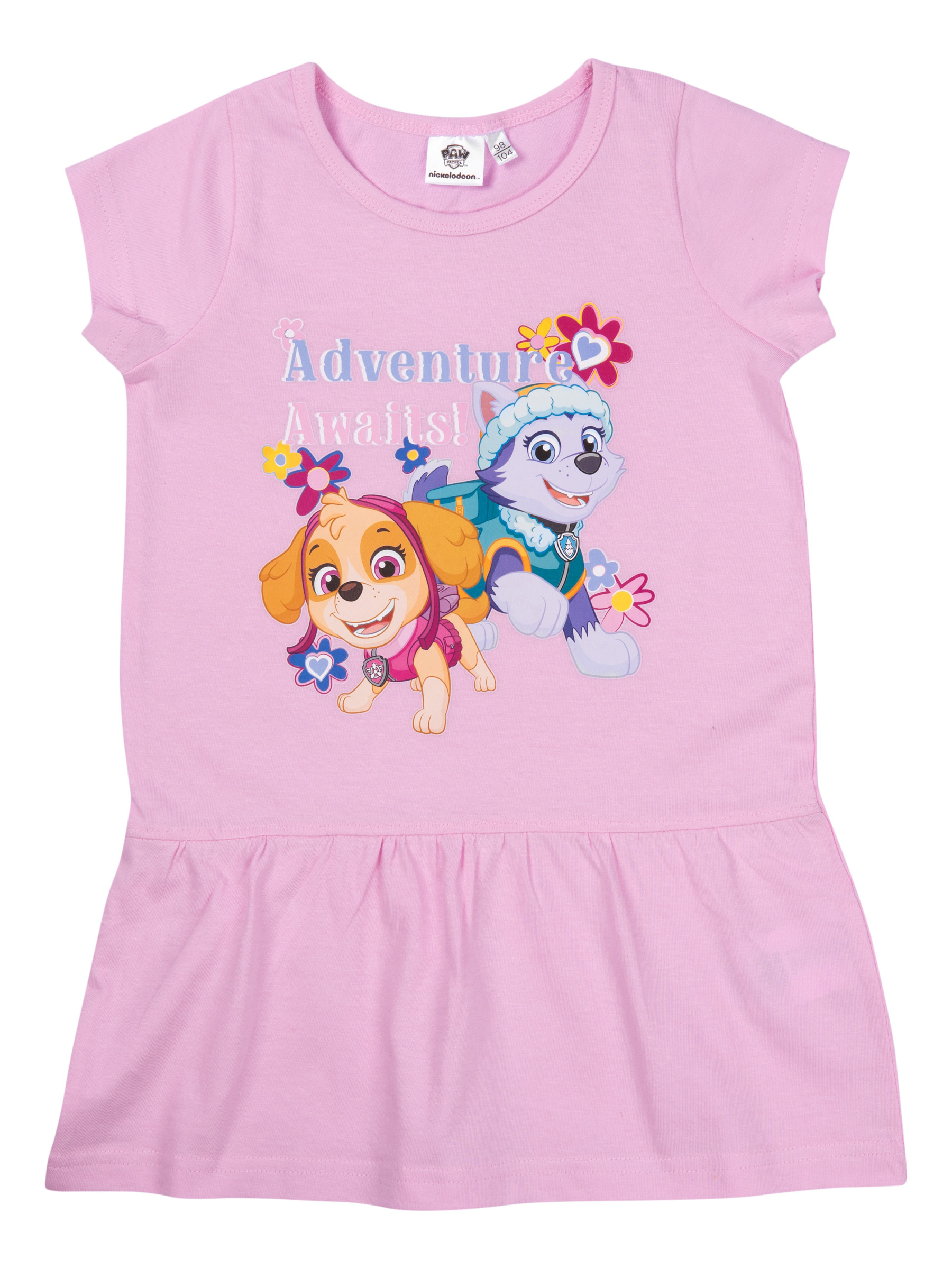 Ein rosafarbenes T-Shirt für Mädchen mit Paw Patrol-Aufdruck und Rüschen.