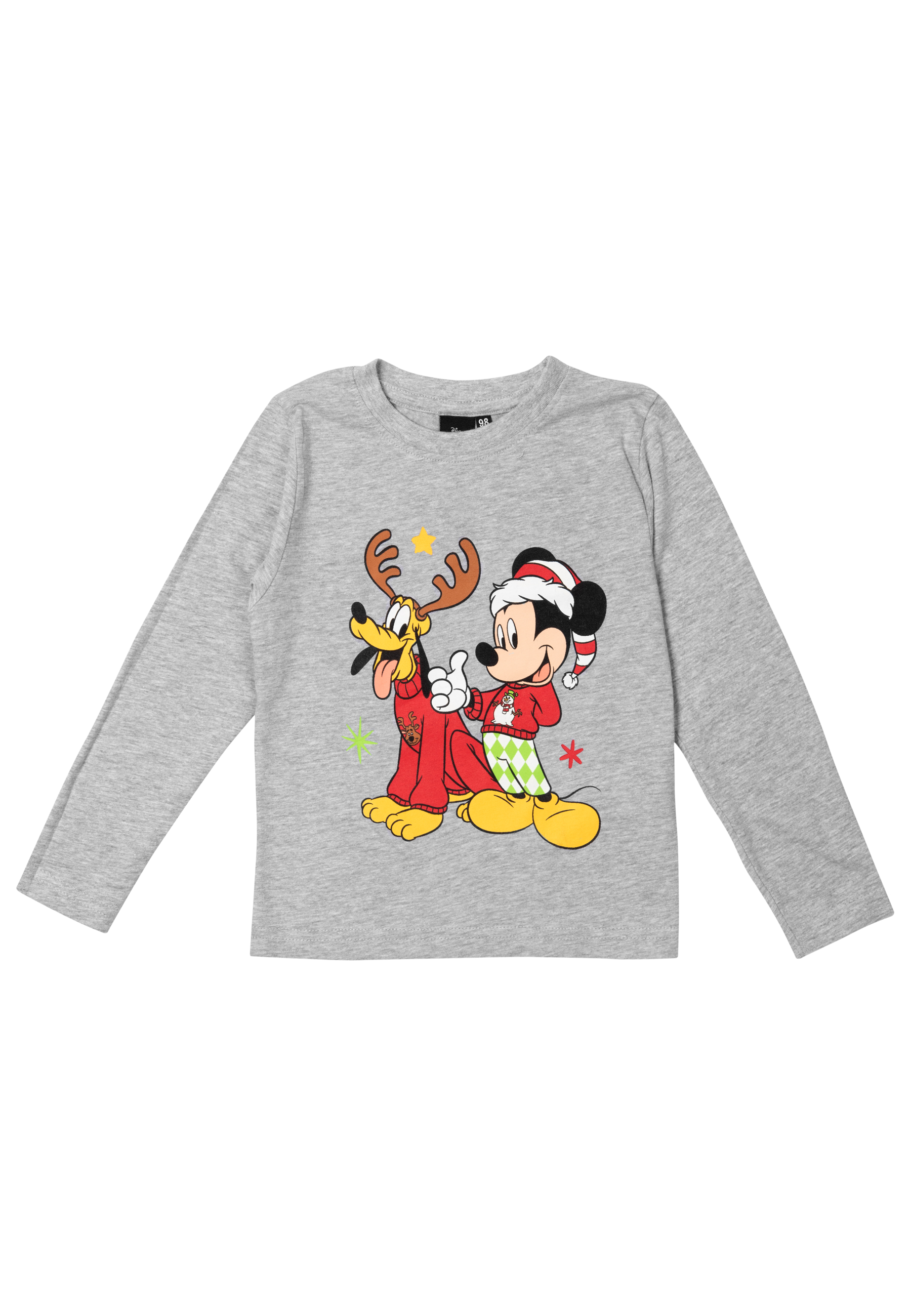 Graues Langarmshirt mit Micky Maus und Pluto im Weihnachtspullover.
