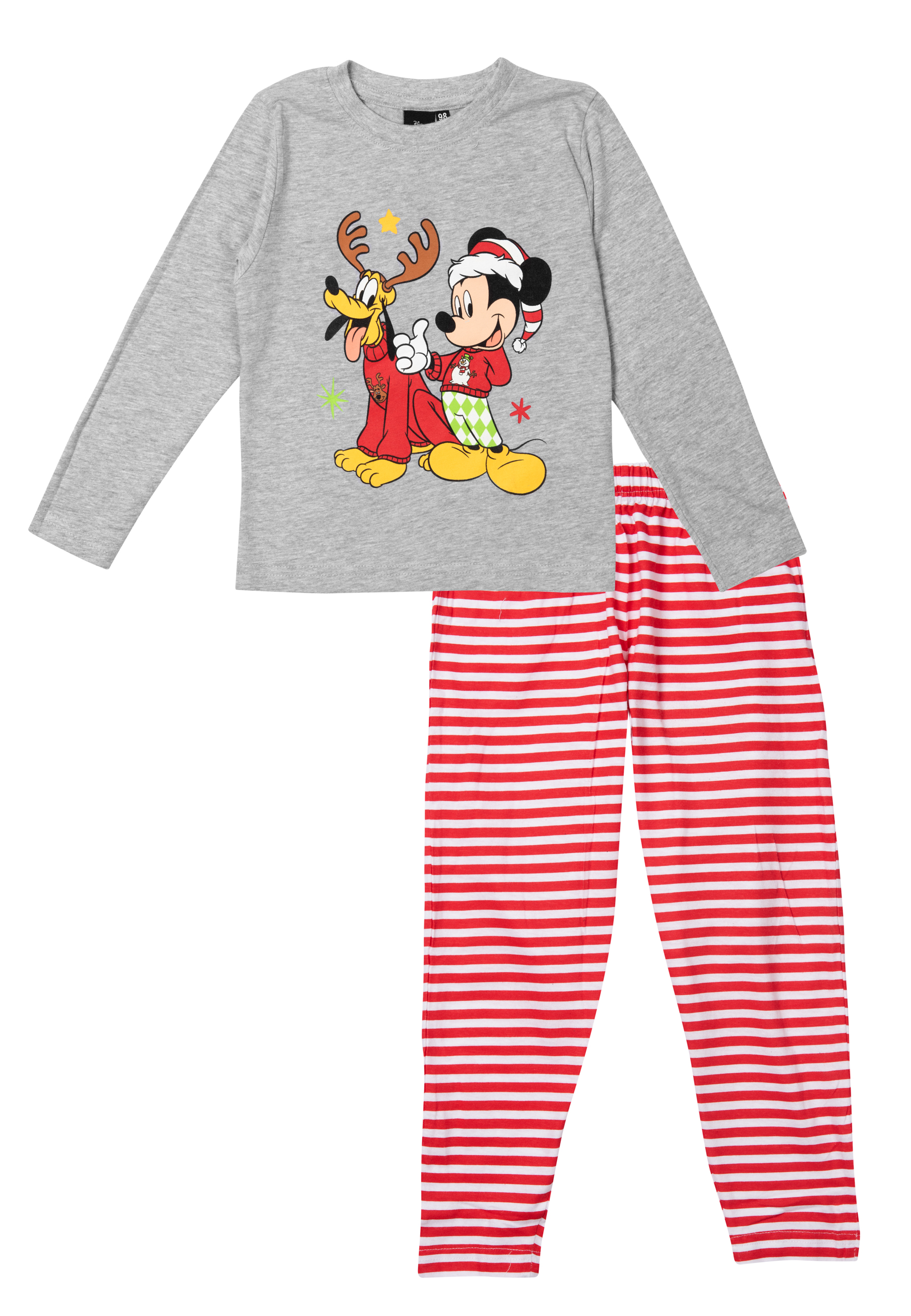 Grauer Schlafanzug mit Mickey und Pluto im Weihnachtsmann-Look.