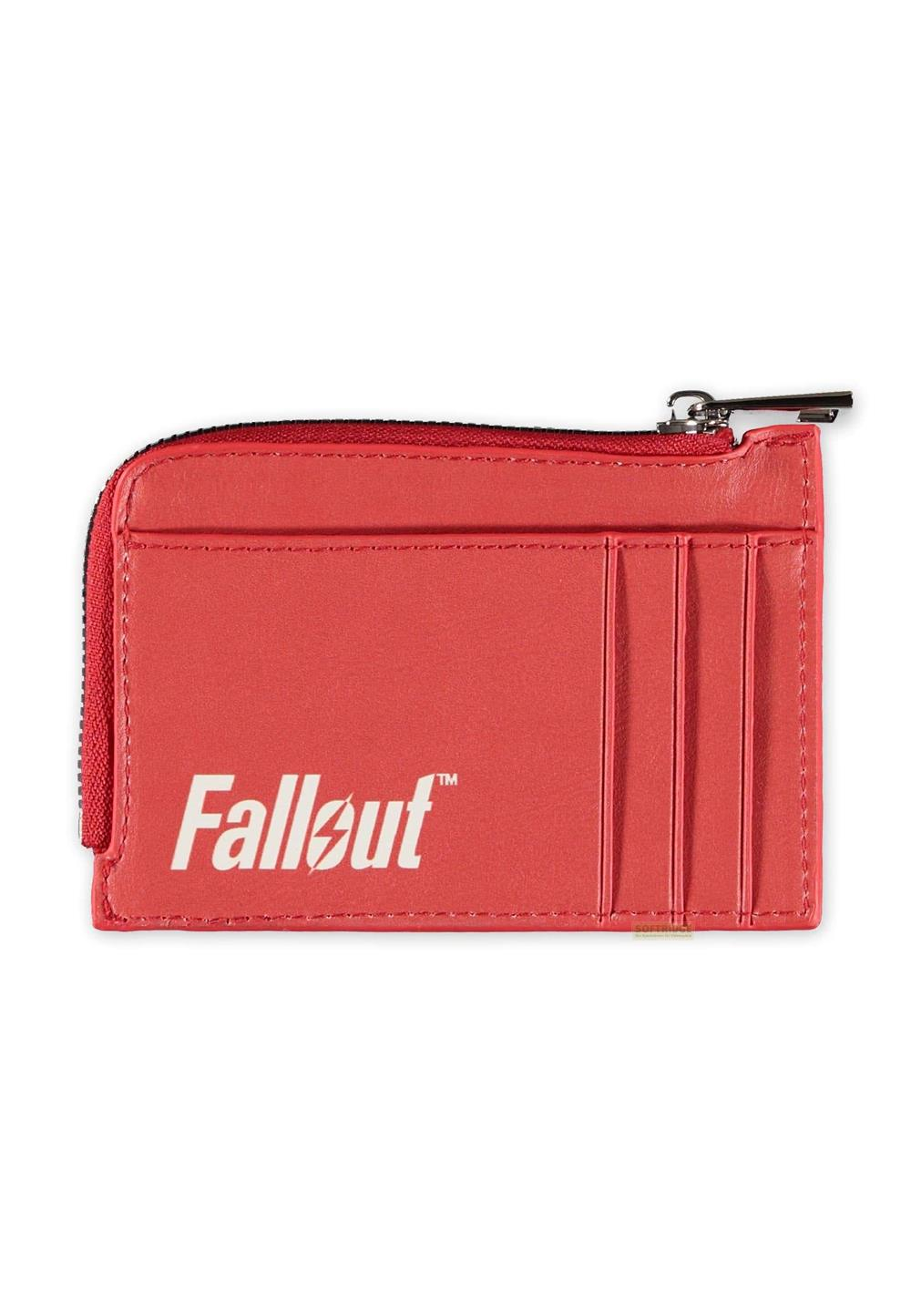 Rote Brieftasche mit Reißverschluss und "Fallout"-Logo und Kartenschlitzen.