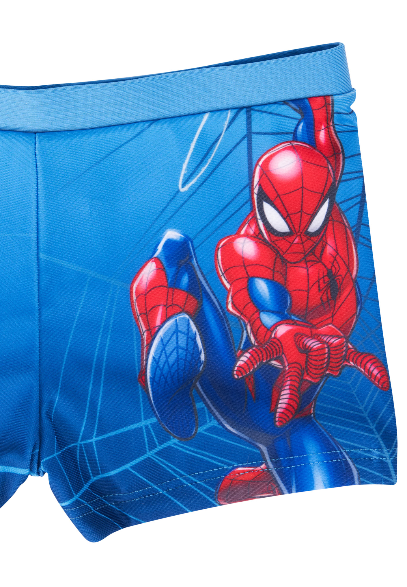 Blaue Badehose mit Spiderman-Print und Spinnennetz-Motiv.
