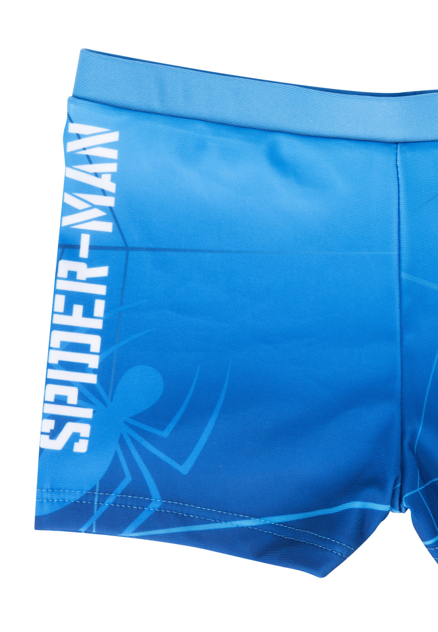 Blaue Badehose mit Spider-Man-Logo und Spinnennetz-Muster.