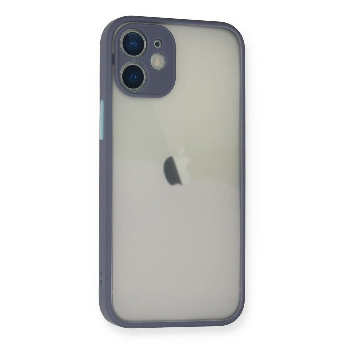 Arkada çift lensli kameraya sahip mor çerçeveli iPhone.
