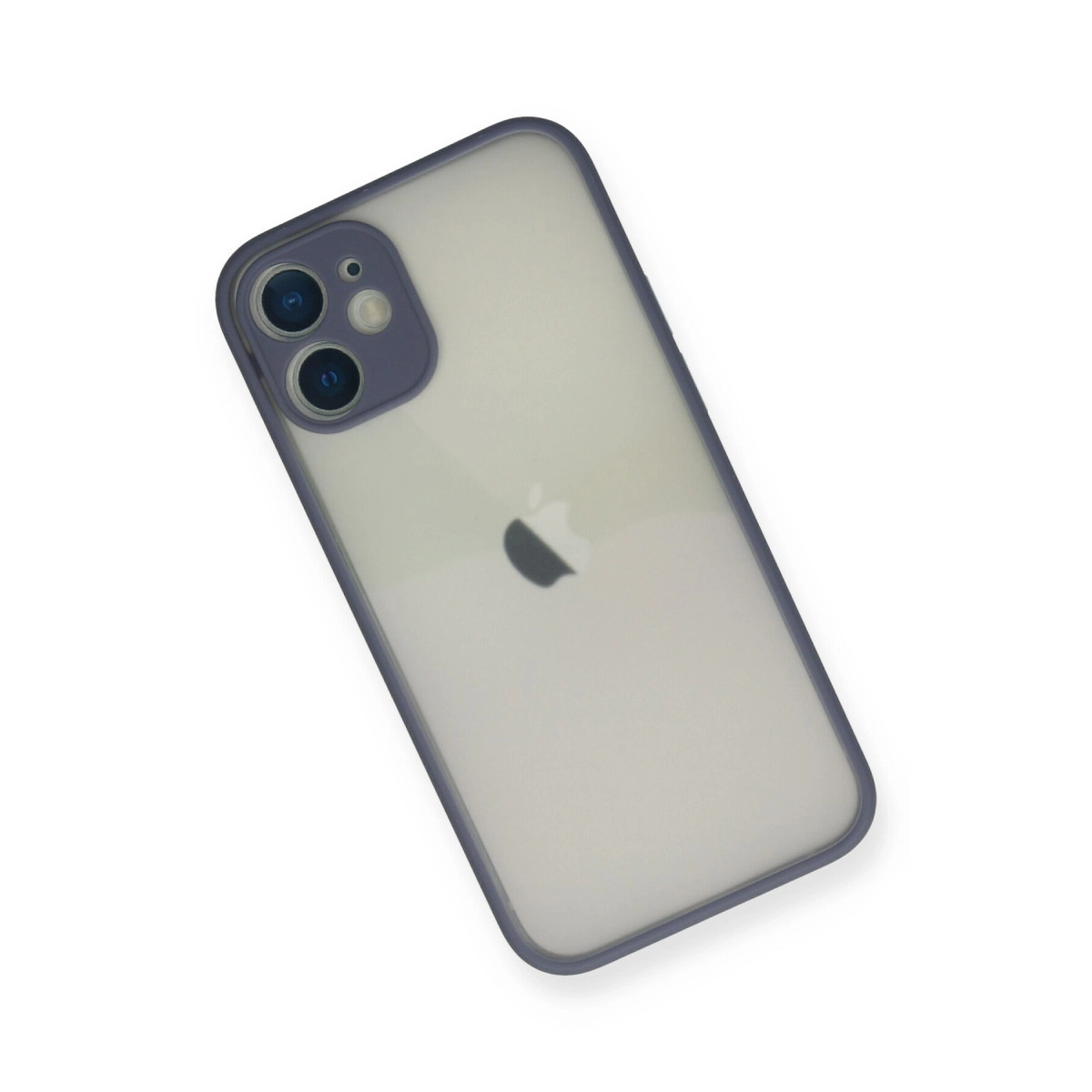 Mor kapaklı, iki kameralı şeffaf iPhone.