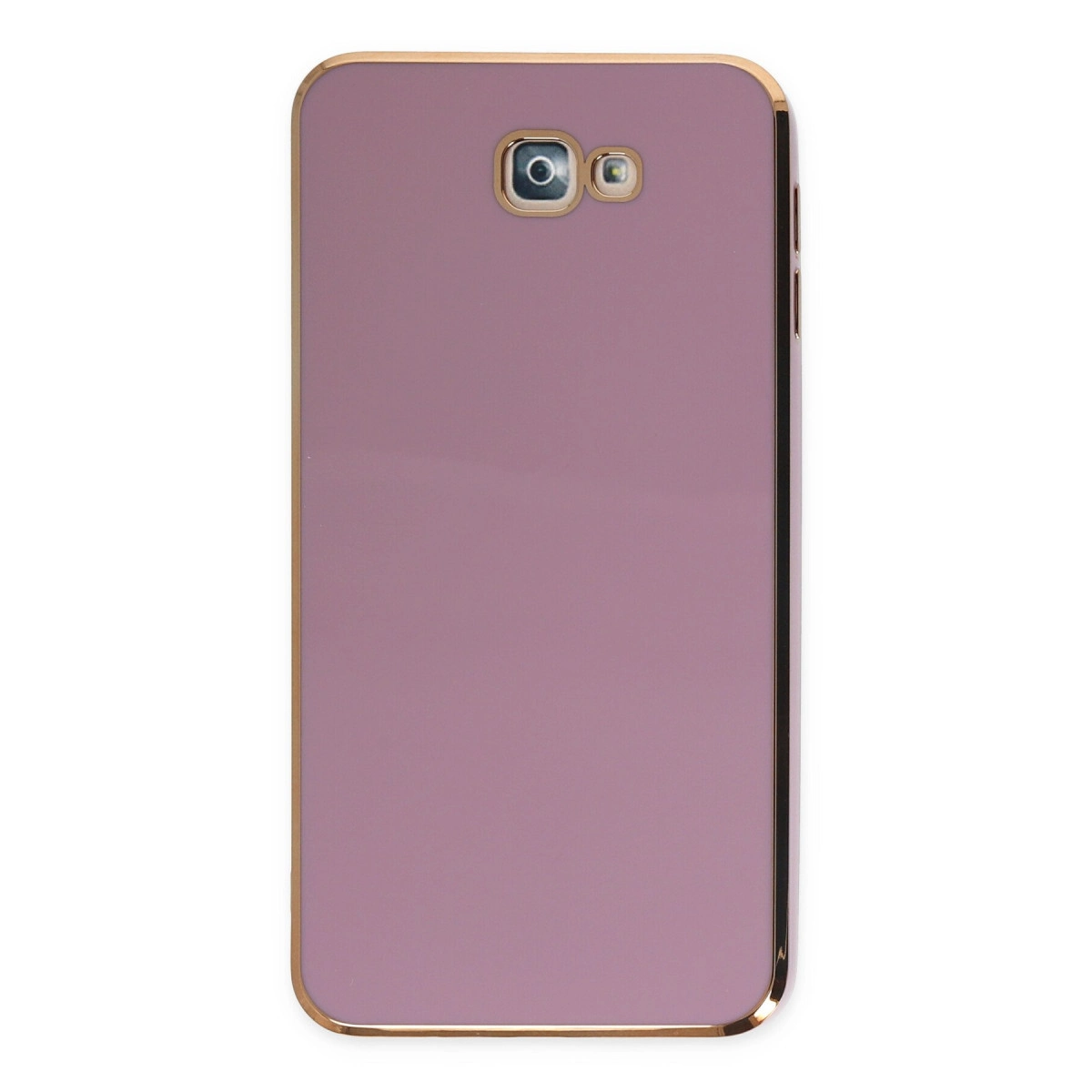 Arkada iki kamera bulunan altın kenarlı, leylak rengi telefon kılıfı.