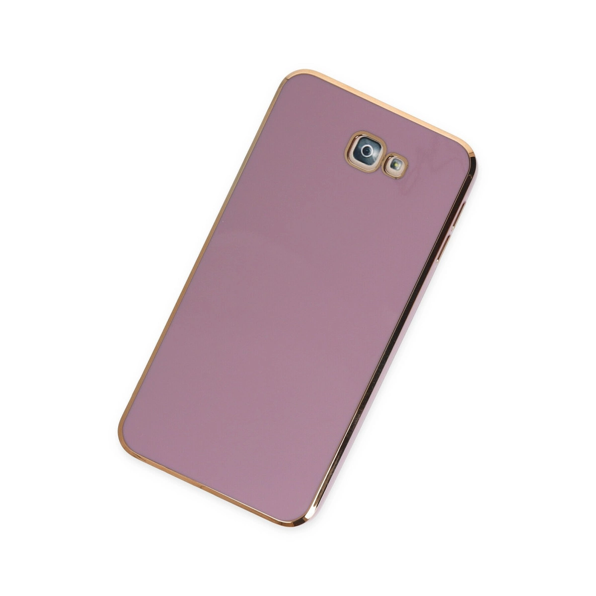 Altın kenarlı, kameralı ve flaşlı pembe telefon kılıfı.