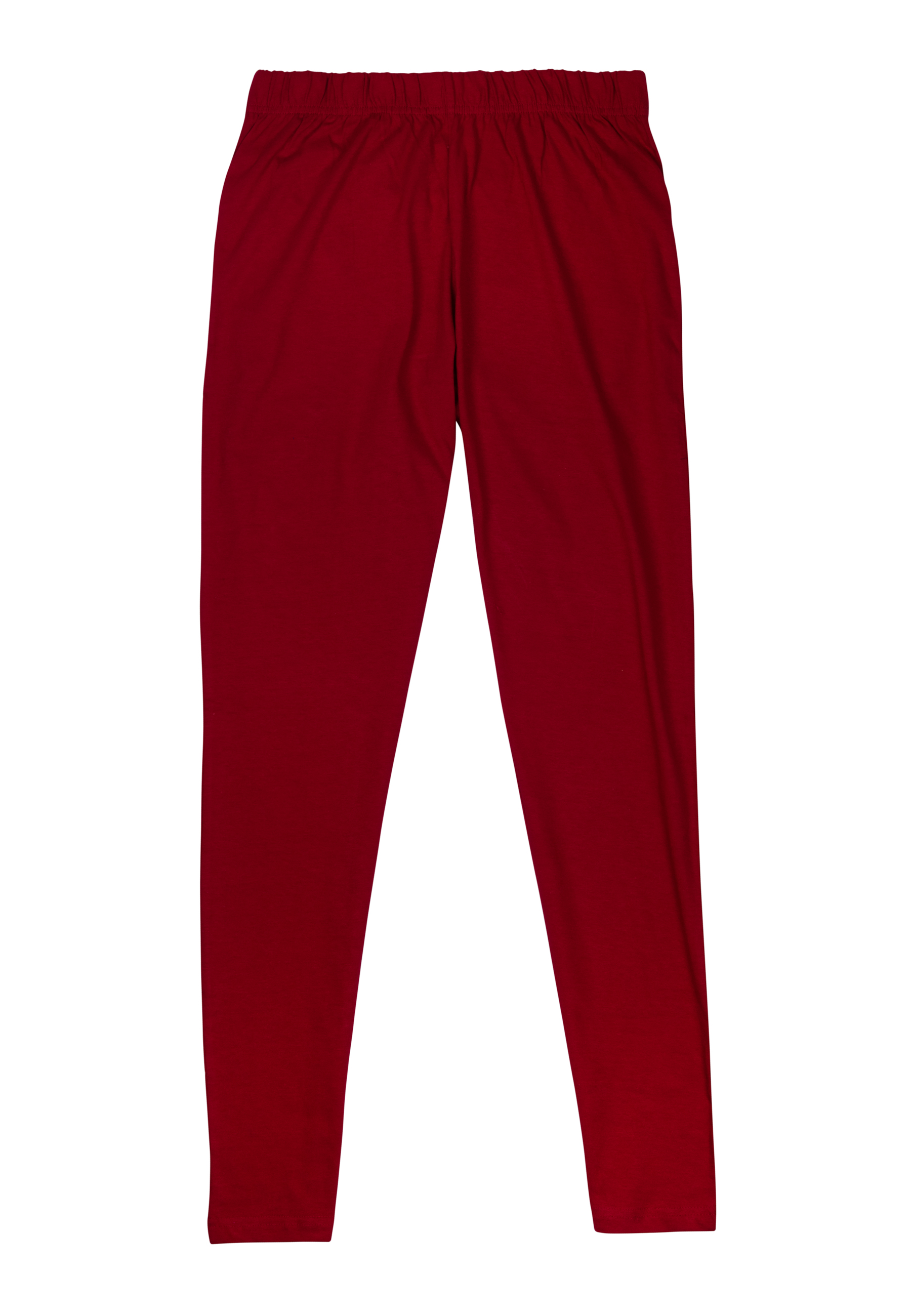Rote Hose mit Gummizugbund. Glatter Stoff, gerade geschnitten.