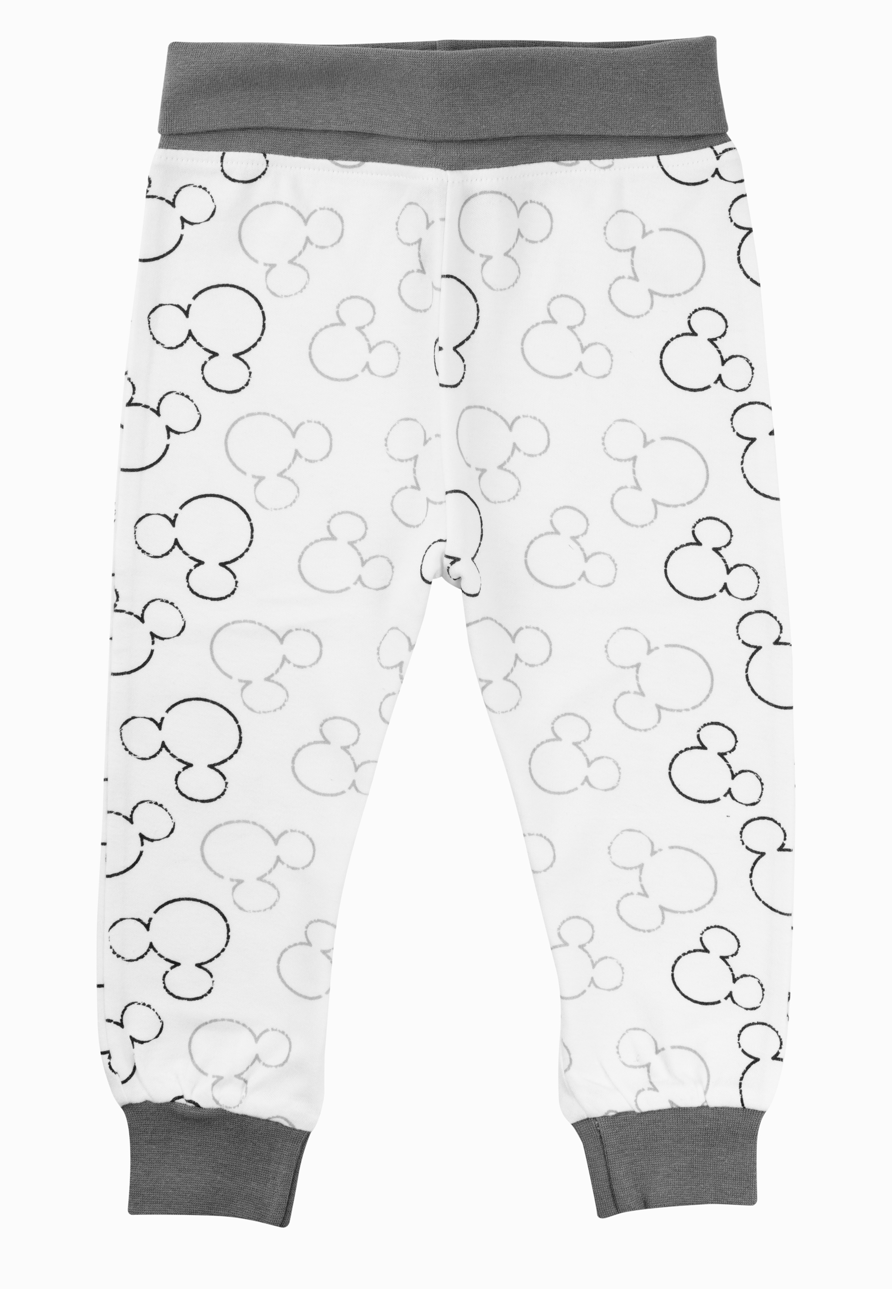Weiße Hose mit Mickey-Maus-Muster und grauem Bund/Bündchen.