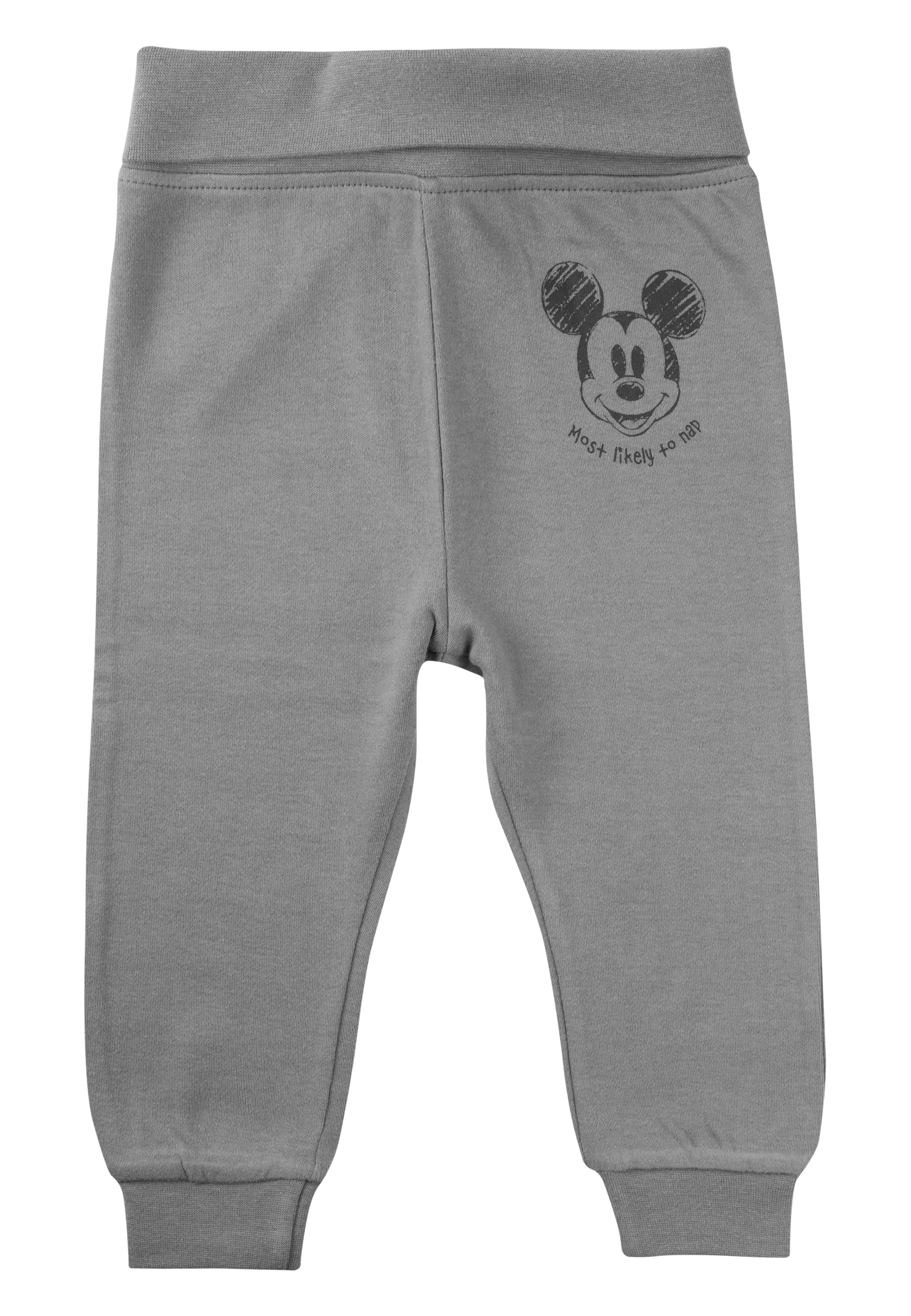 Graue Babyhose mit Mickey Maus-Aufdruck und der Aufschrift „Most likely to nap“.