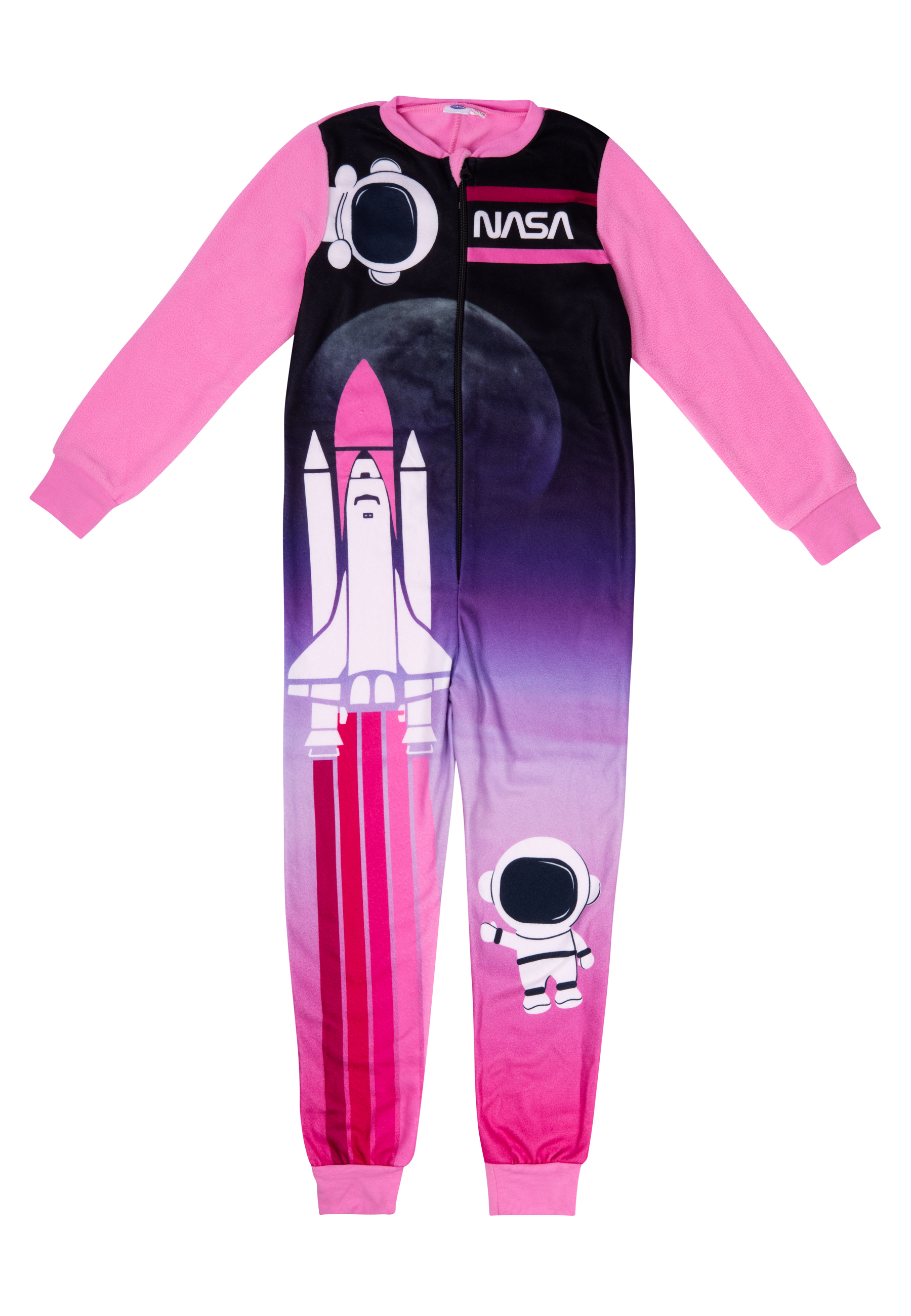 Pinker Schlafanzug mit Weltraumthema: Rakete, Astronaut, Mond und NASA-Logo.