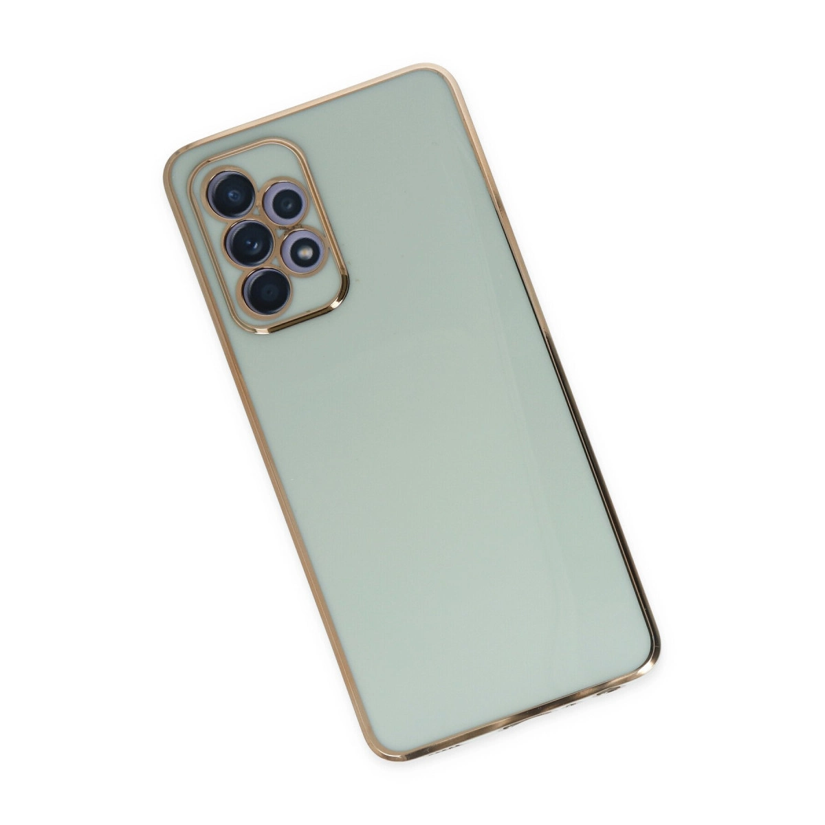 Altın kenarlıklı, kamera modüllü açık yeşil telefon kılıfı.