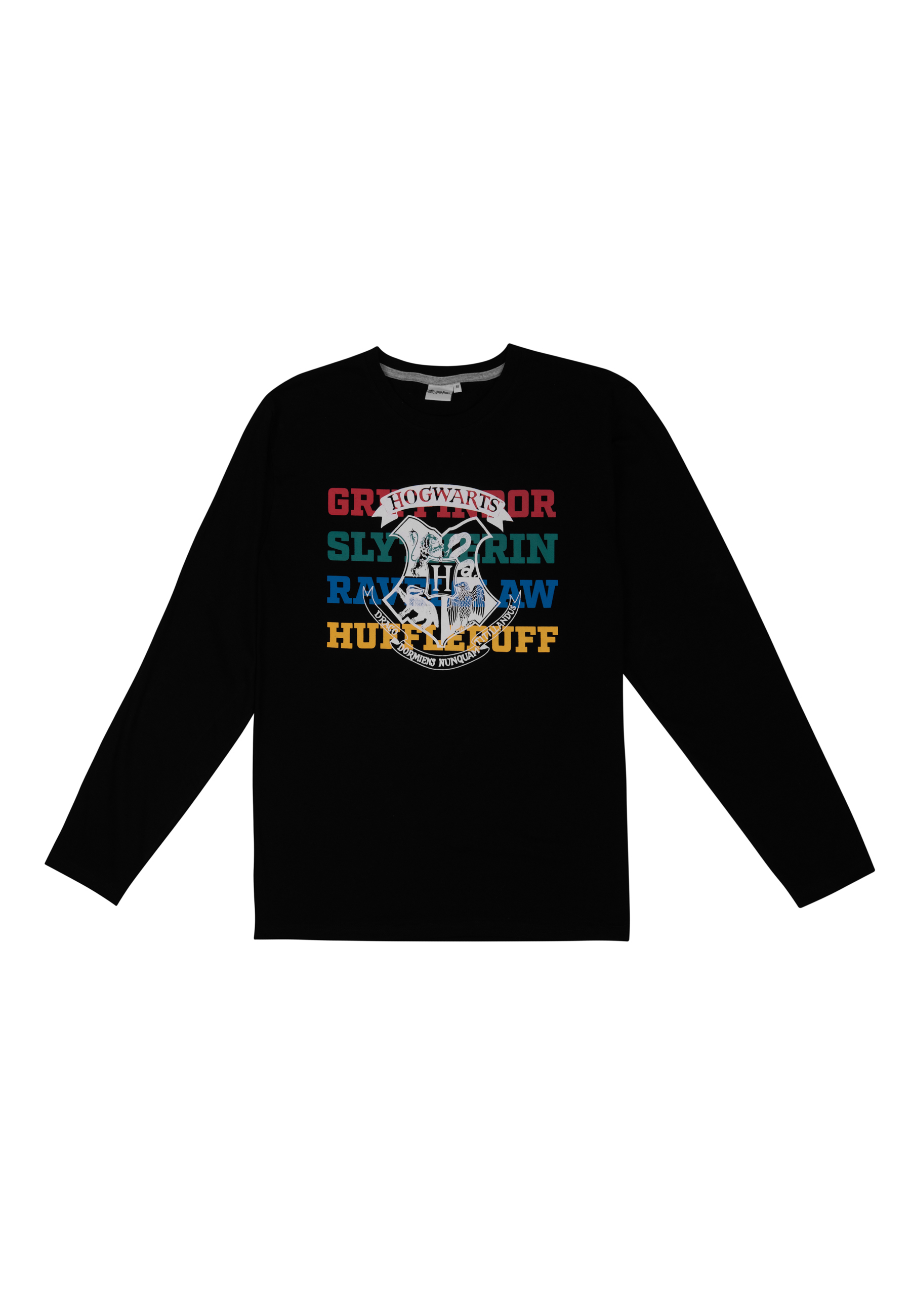 Schwarzes Langarmshirt mit Hogwarts-Wappen und Hausnamen in bunten Buchstaben.