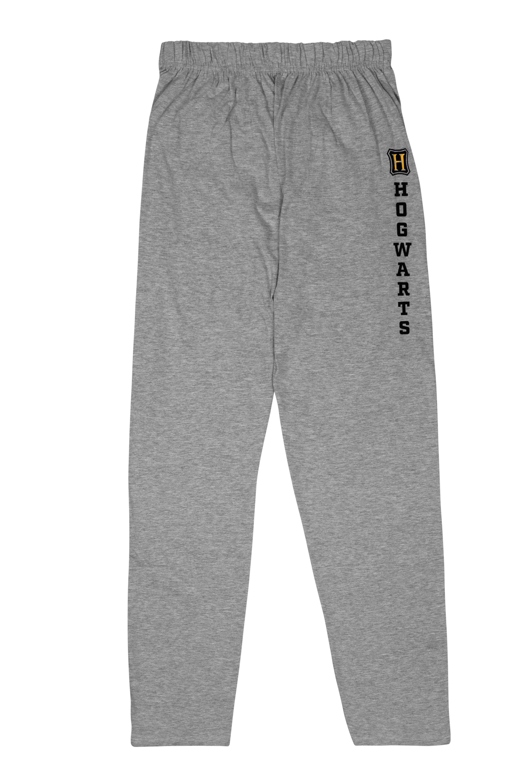 Graue Jogginghose mit Hogwarts-Schriftzug auf der linken Seite.