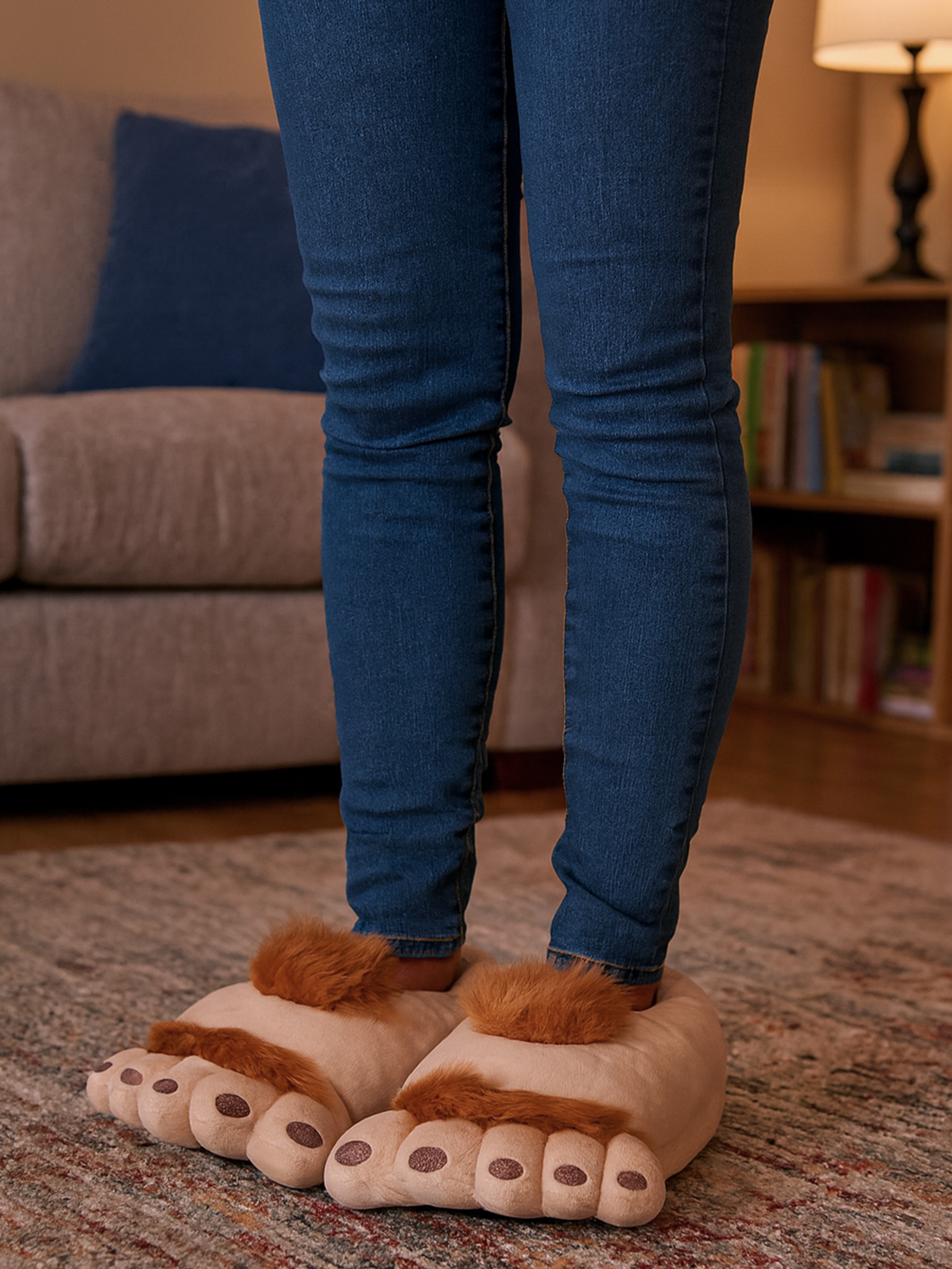 Person in Jeans trägt Bigfoot-Hausschuhe auf einem Teppich.