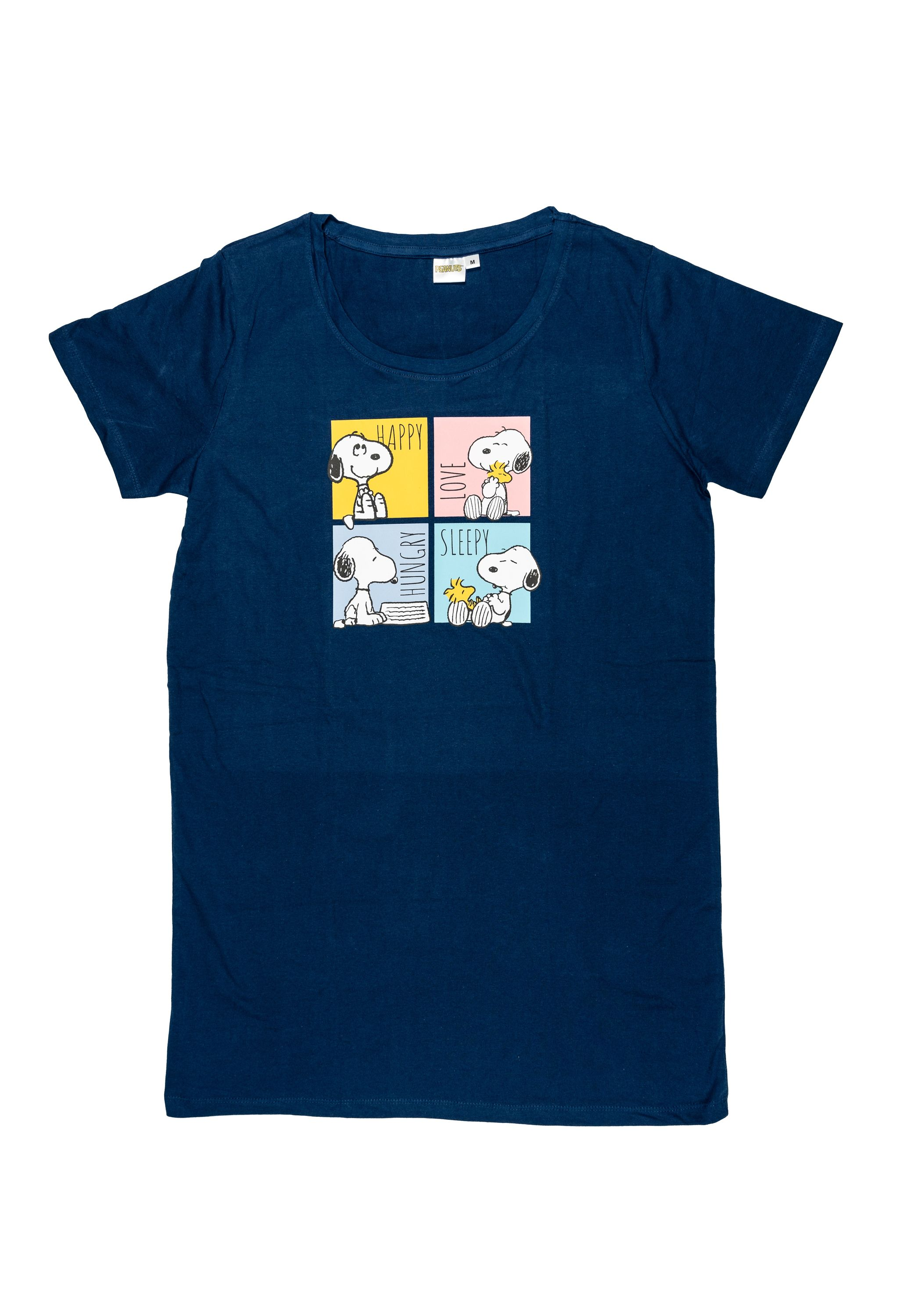 Dunkelblaues T-Shirt mit Snoopy-Aufdruck in vier Feldern: glücklich, Liebe, hungrig, schläfrig.