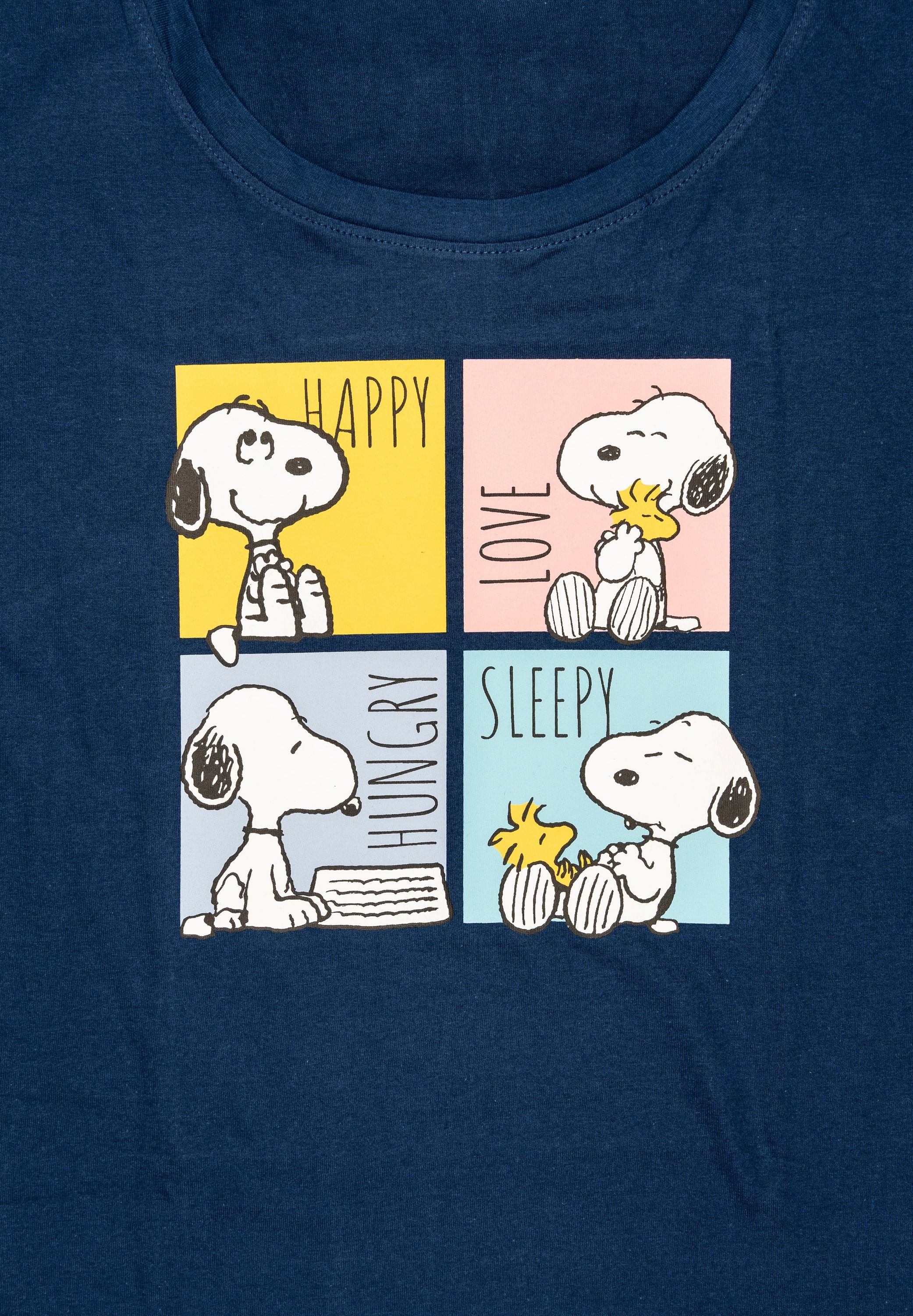 Snoopy ist in vier Feldern dargestellt, die Glück, Liebe, Hunger und Müdigkeit zeigen.