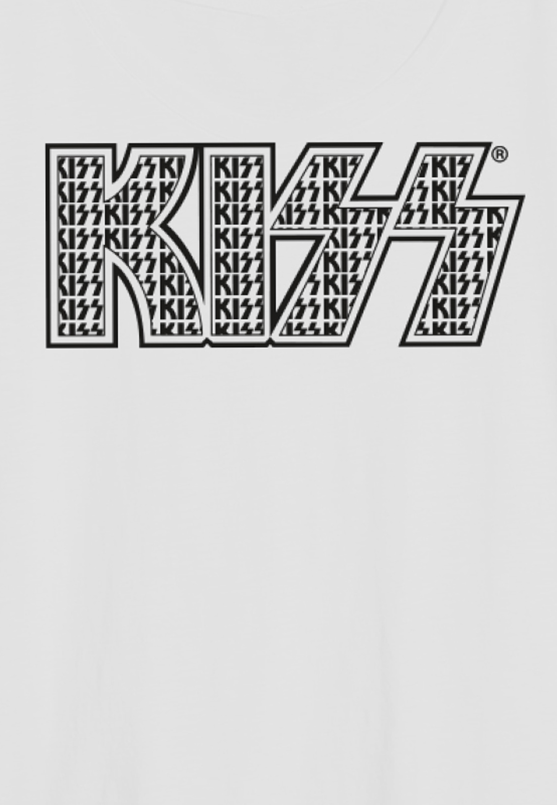 Schwarz-weiße Darstellung des KISS-Logos, gefüllt mit sich wiederholendem KISS-Schriftzug.