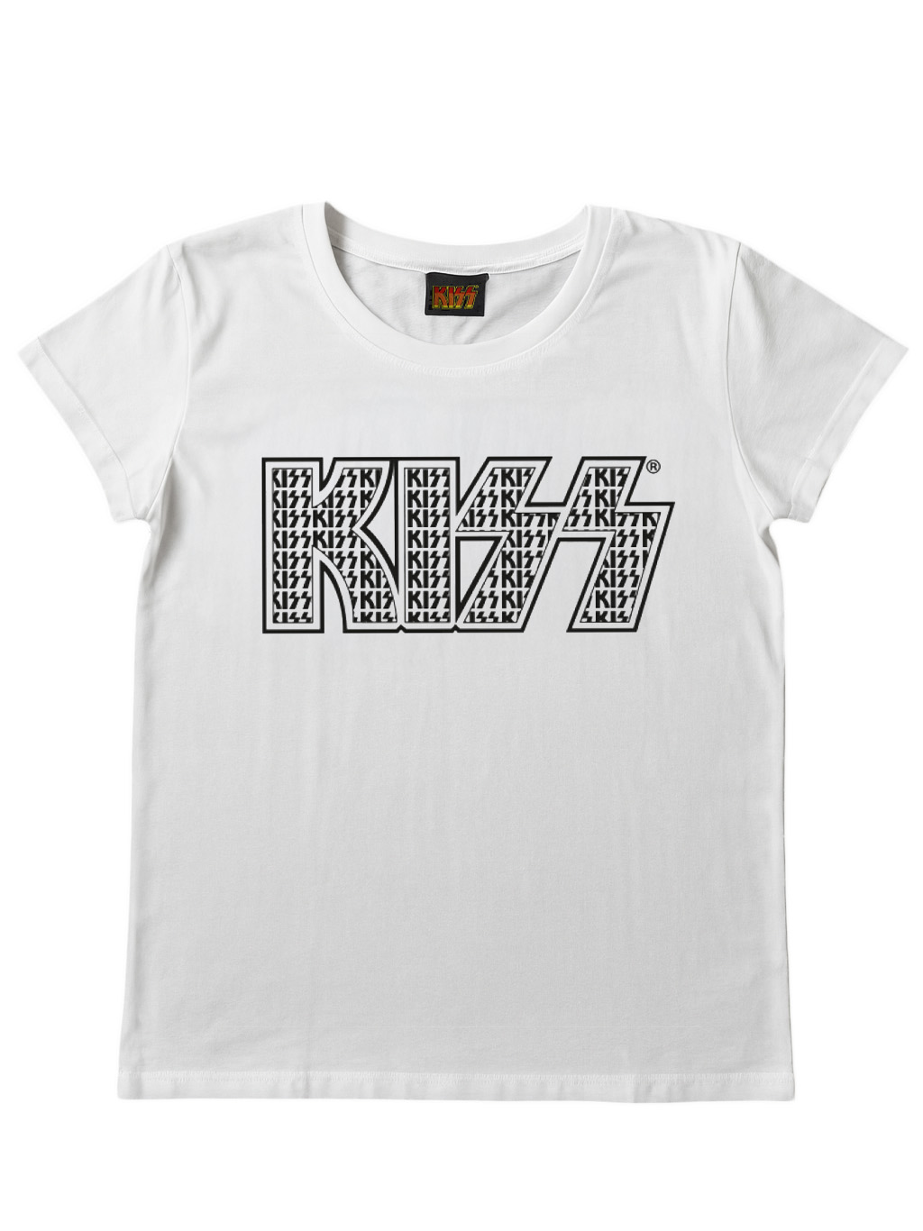 Weißes T-Shirt mit schwarzem KISS-Logo, das aus vielen kleinen KISS-Schriftzügen besteht.